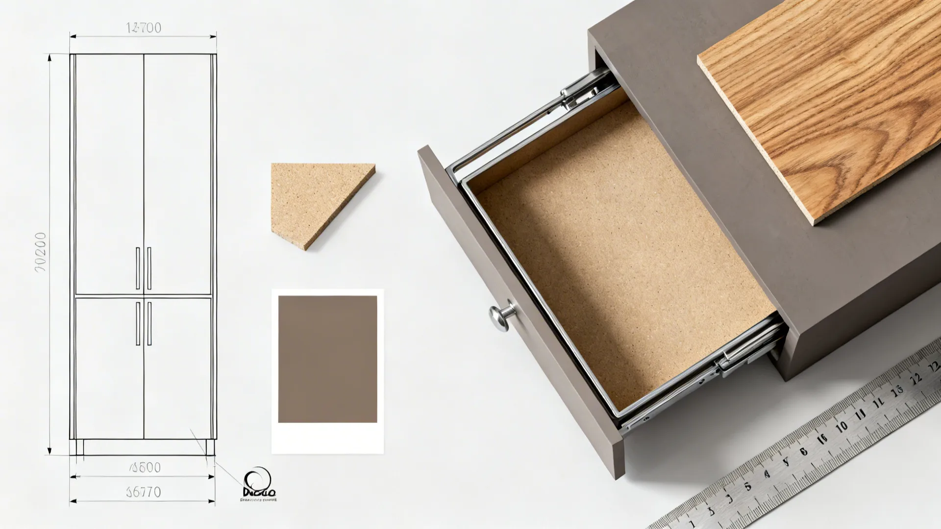 Top-down flatlay of slim vertical cabinet samples, finish swatches and hardware for narrow walls.