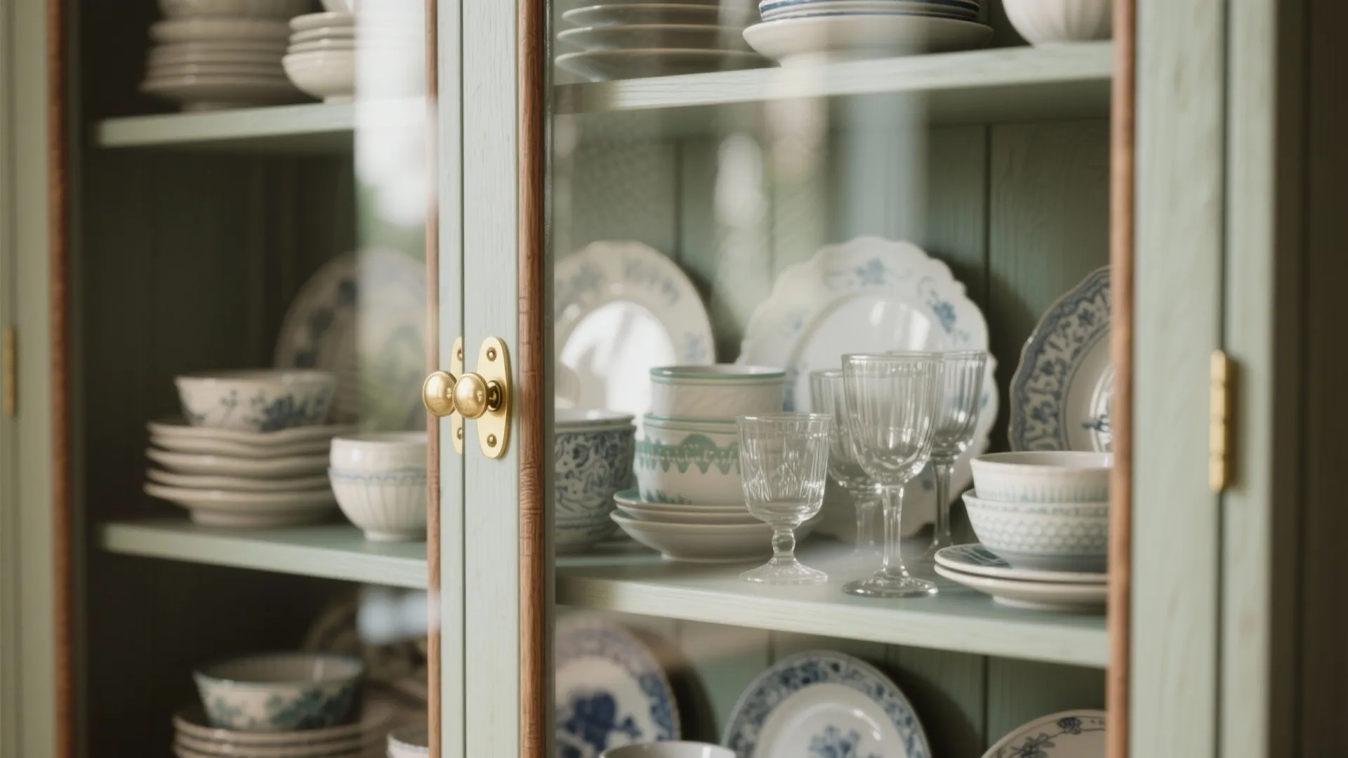 Green kitchen cabinet with glass doors showing white and blue ceramic plates bowls and glasses