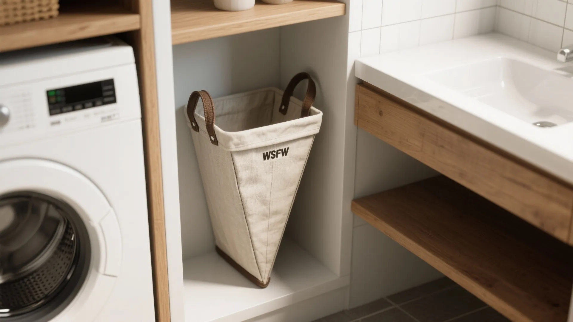 Close-up of a triangular slim vertical hamper fitted between a washer and vanity in a narrow alcove.