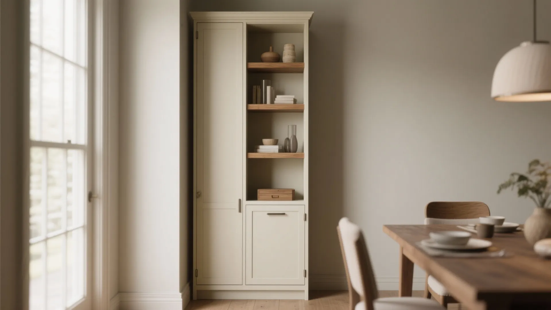 Cream tall cabinet with open wooden shelves and a dining table in a bright room