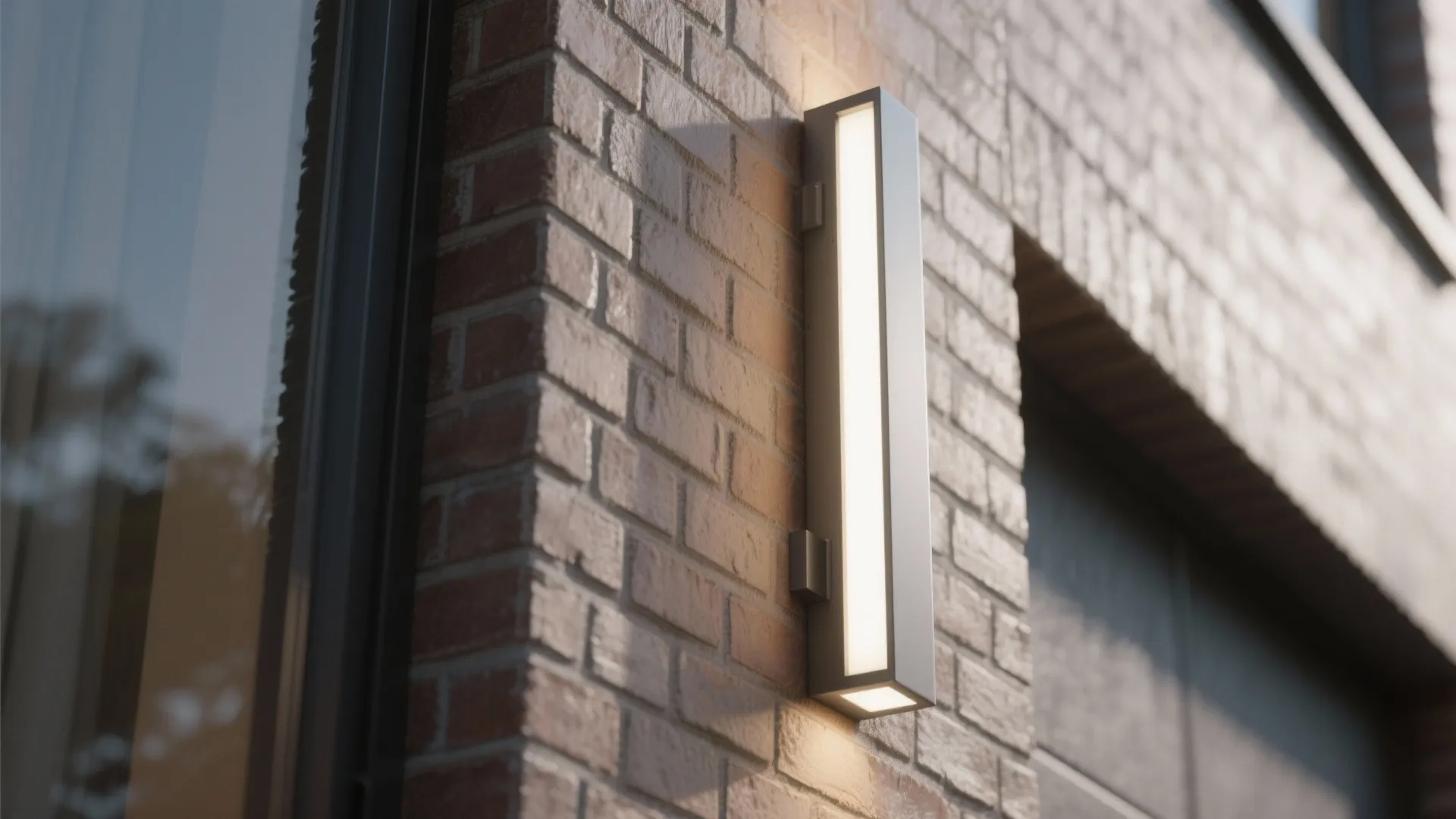 Slim rectangular metal wall light fixture installed on a red brick exterior wall near window