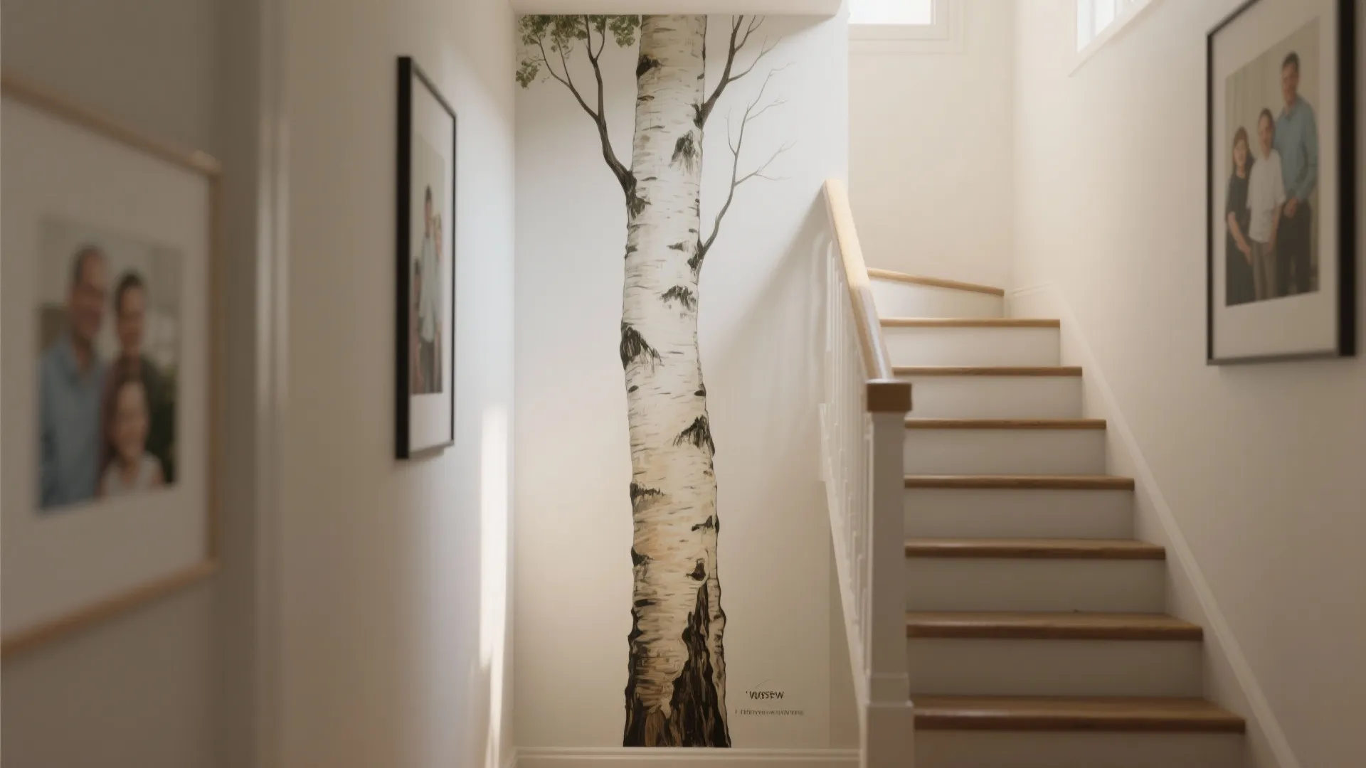 Birch tree wall painting next to wooden stairs with white walls and framed family pictures