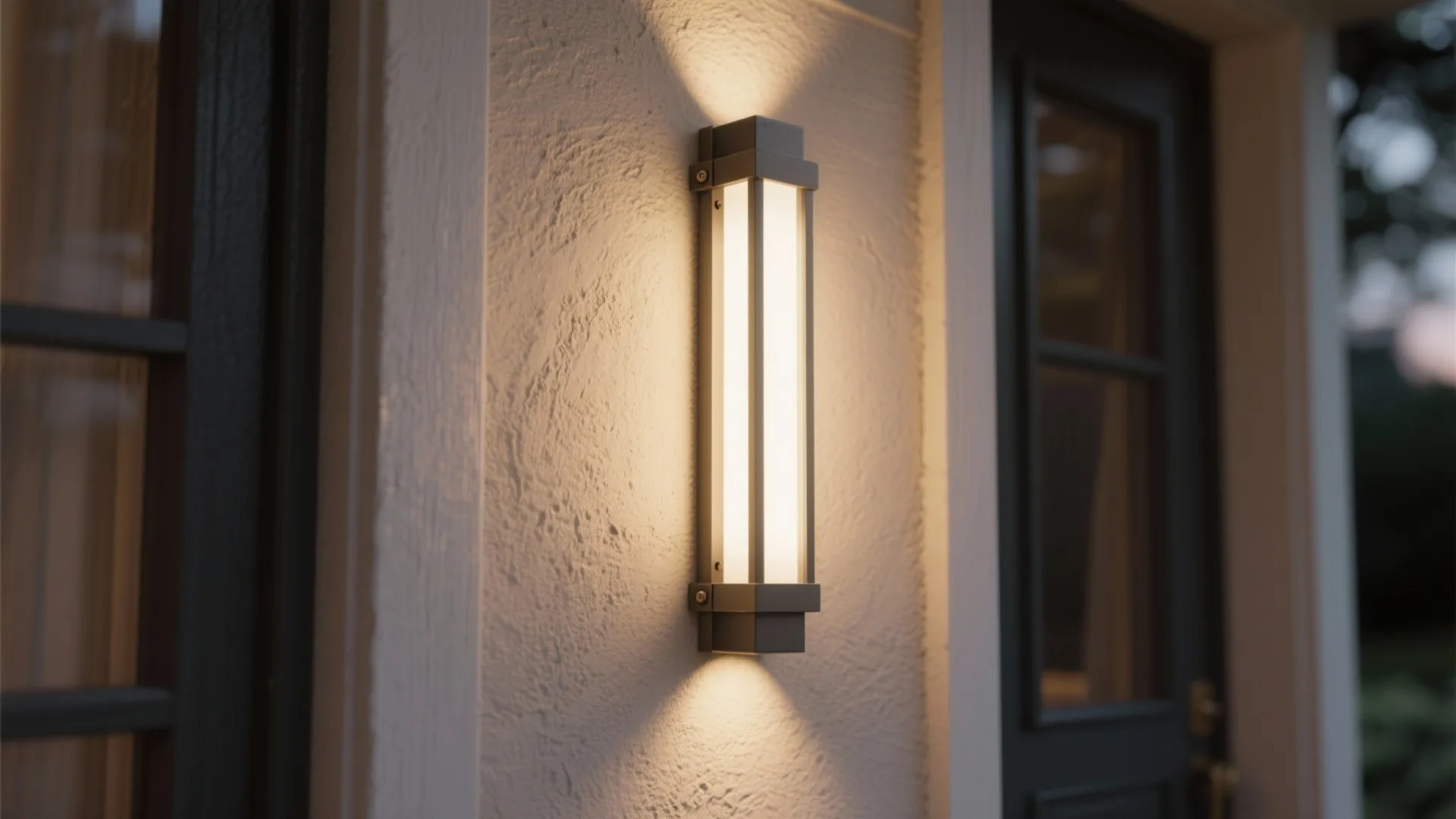 Modern slim black wall light mounted on a white textured wall next to a window