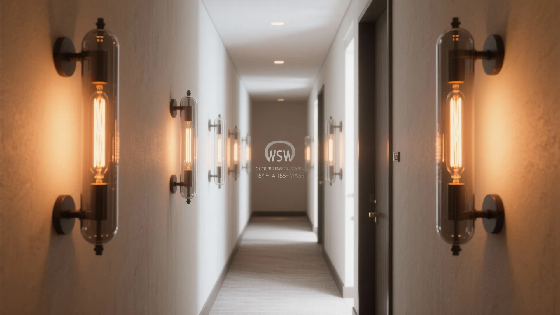 Narrow hallway with slim vertical smoked glass sconces and warm LED filament light.