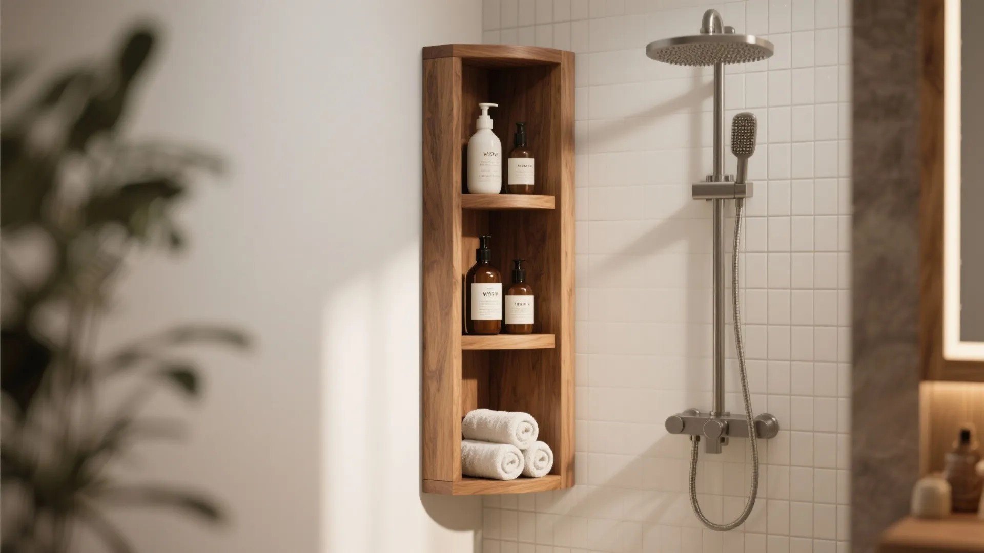 Modern bathroom with wooden wall shelf holding white bottles and towels next to silver shower