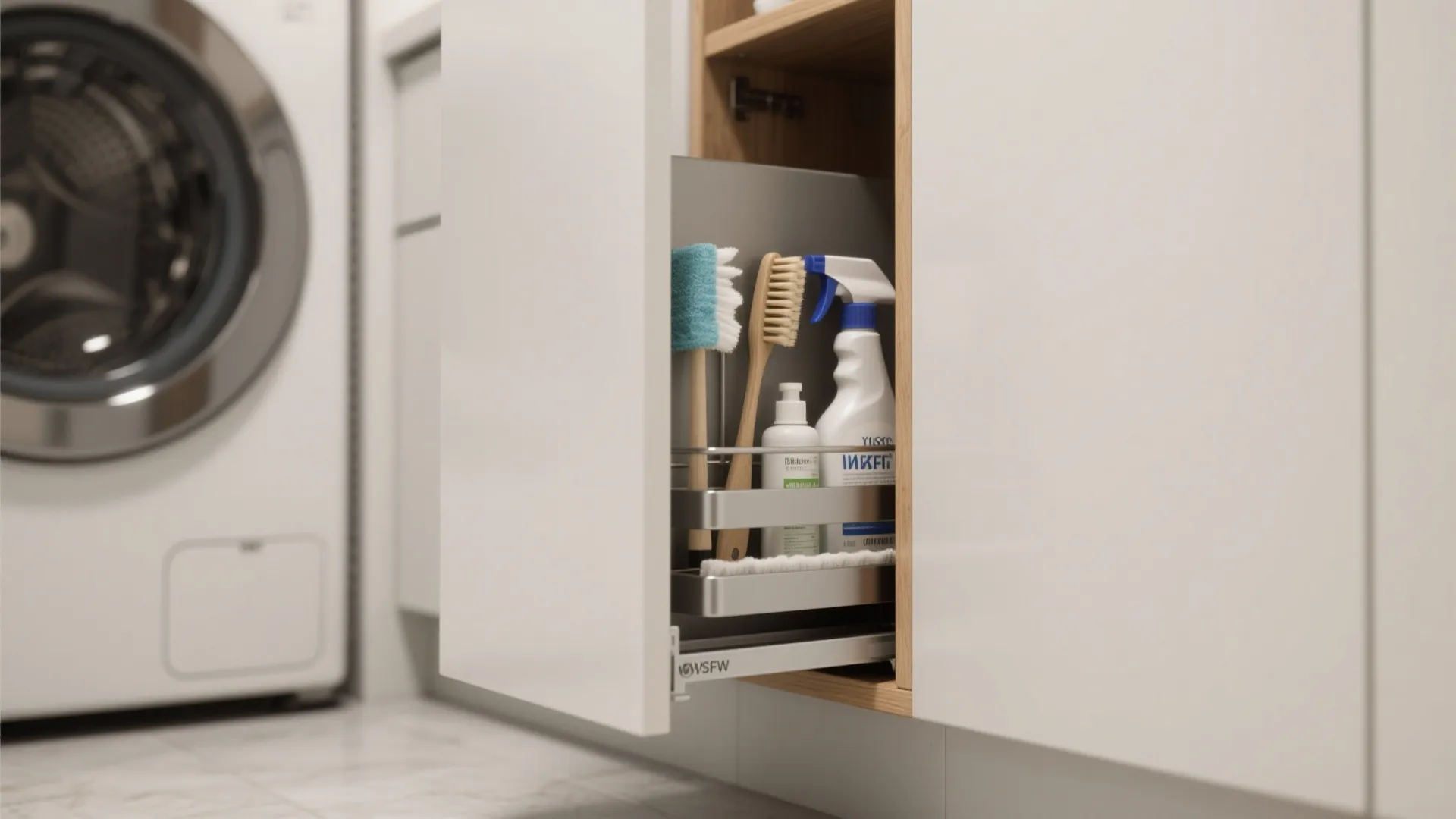 3. Slim vertical shelving between appliances