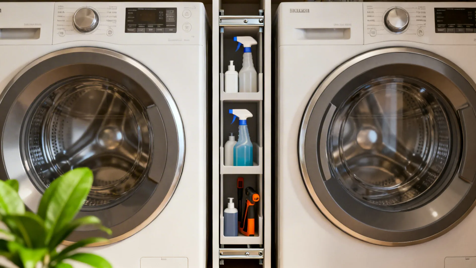 Slim pull-out shelving unit fitted between washer and dryer holding spray bottles and small supplies