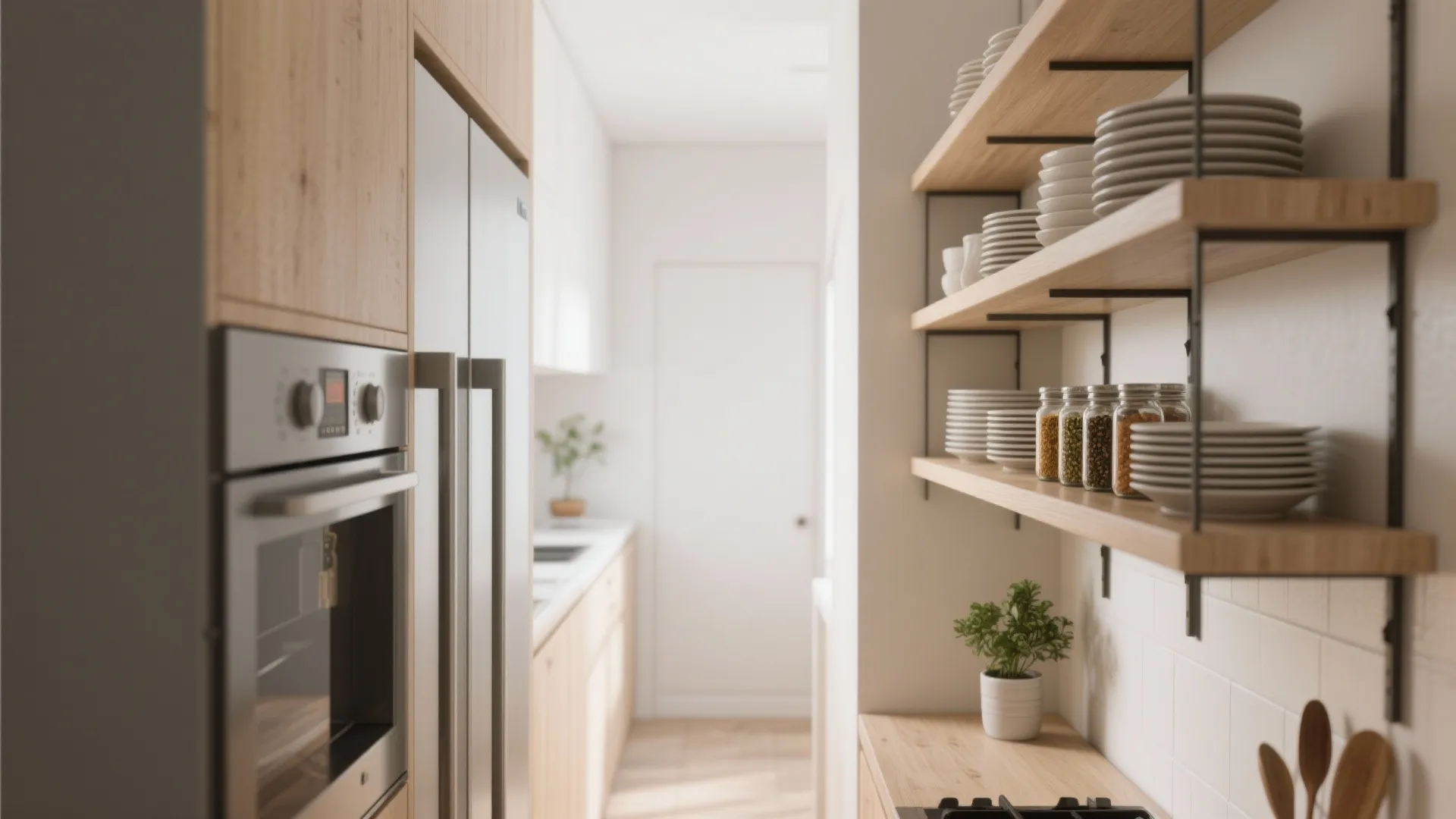 Narrow kitchen with open wooden shelves holding white plates and glass jars next to silver oven