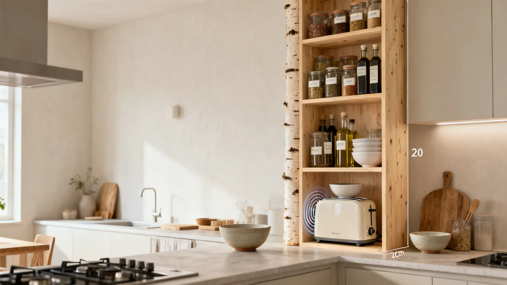 Tall slim birch shelving column from counter to ceiling storing jars, oils, and bowls in a small kitchen.