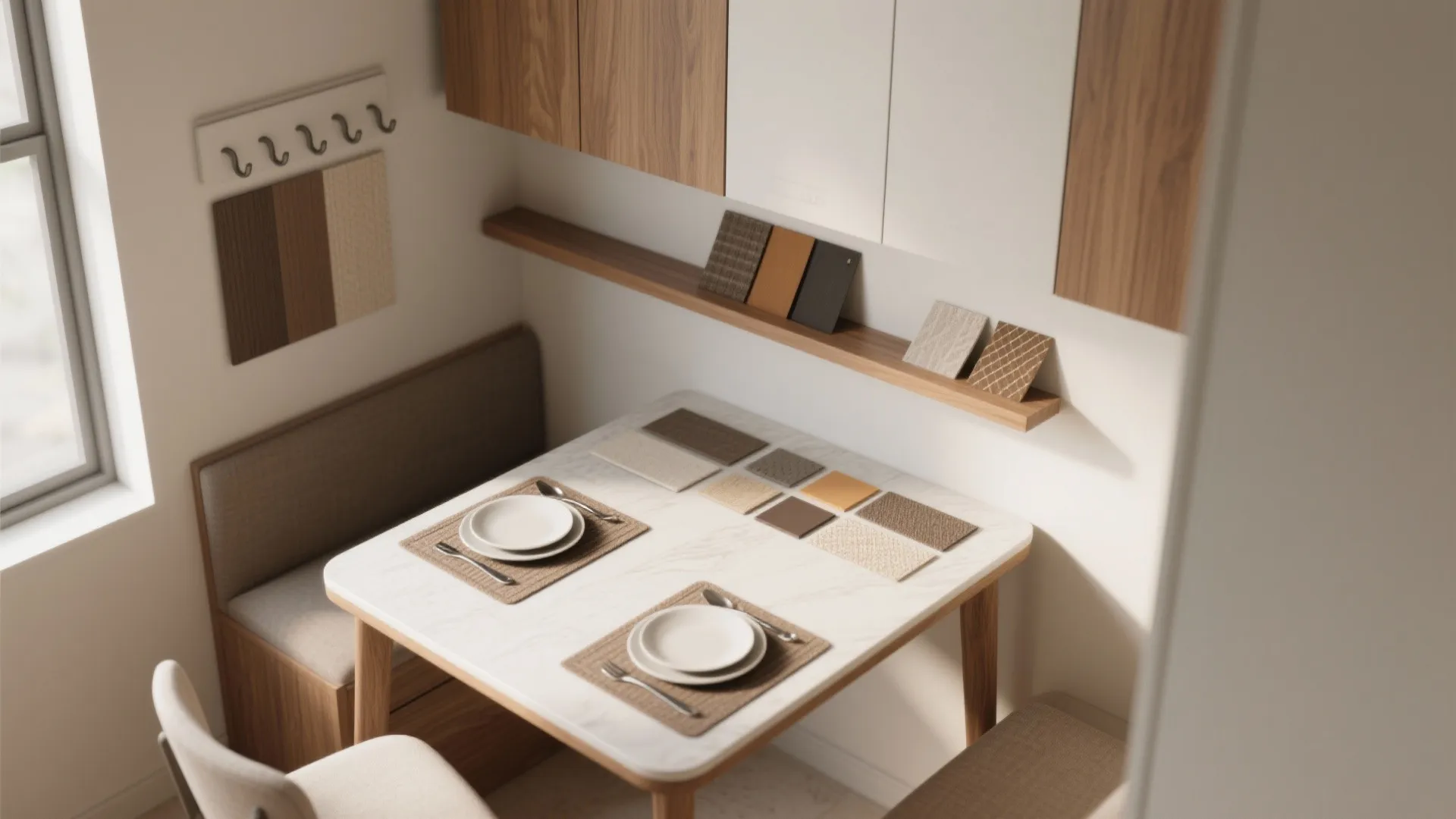 Small dining area with marble table material samples on top and built in wood wall cabinet