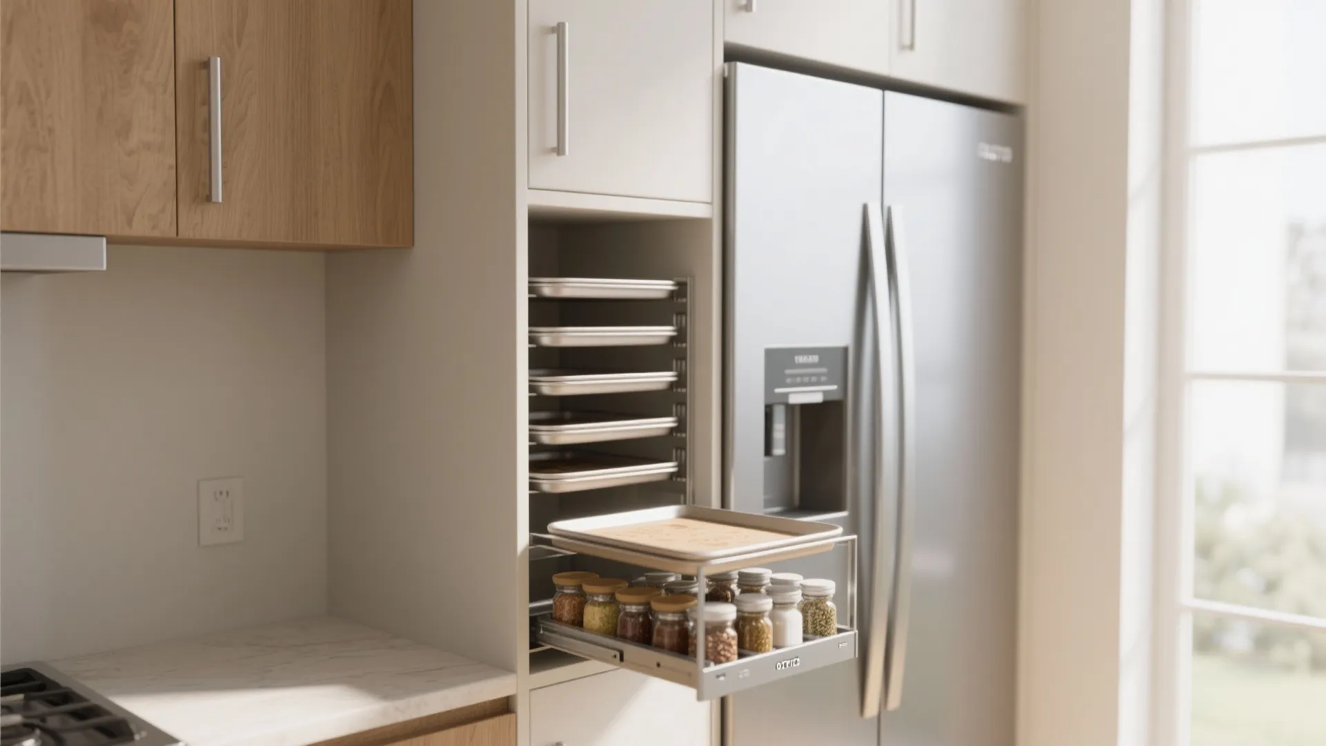 Slim upper cabinet and vertical pull-out storing trays and baking sheets in a compact kitchen gap