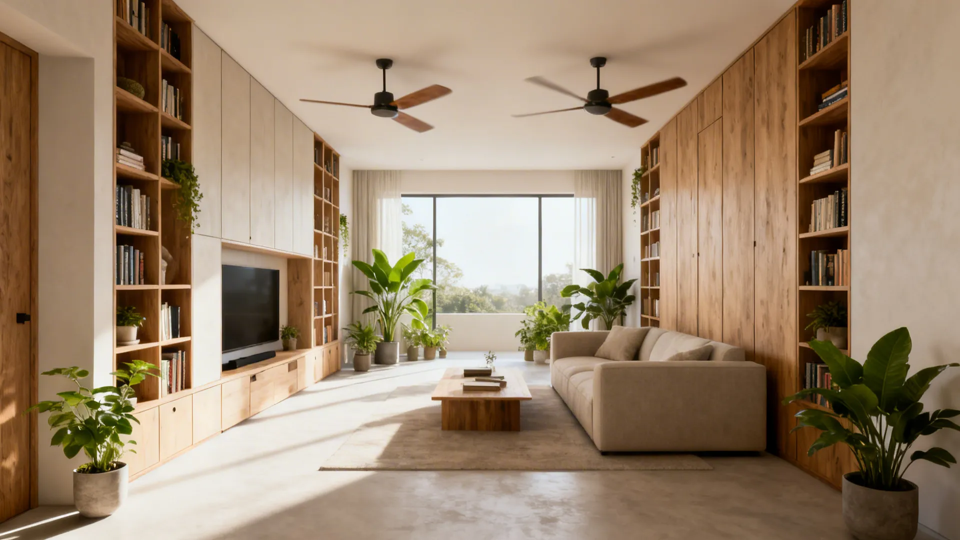 Living room with narrow tall storage units and two ceiling fans maintaining an airy floorplan