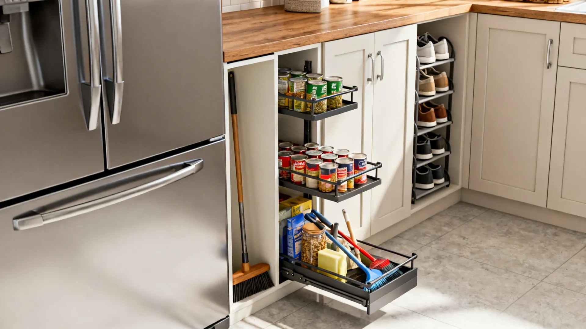 Slim pull-out pantry and broom cabinet using narrow gaps beside appliances for storage.