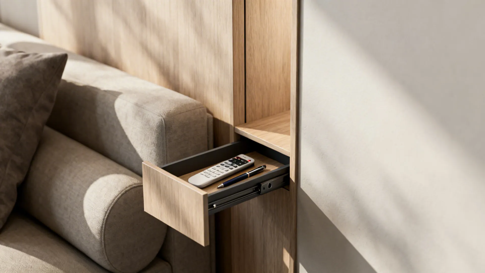 Small wooden side table with open drawer holding remote and pen next to grey sofa