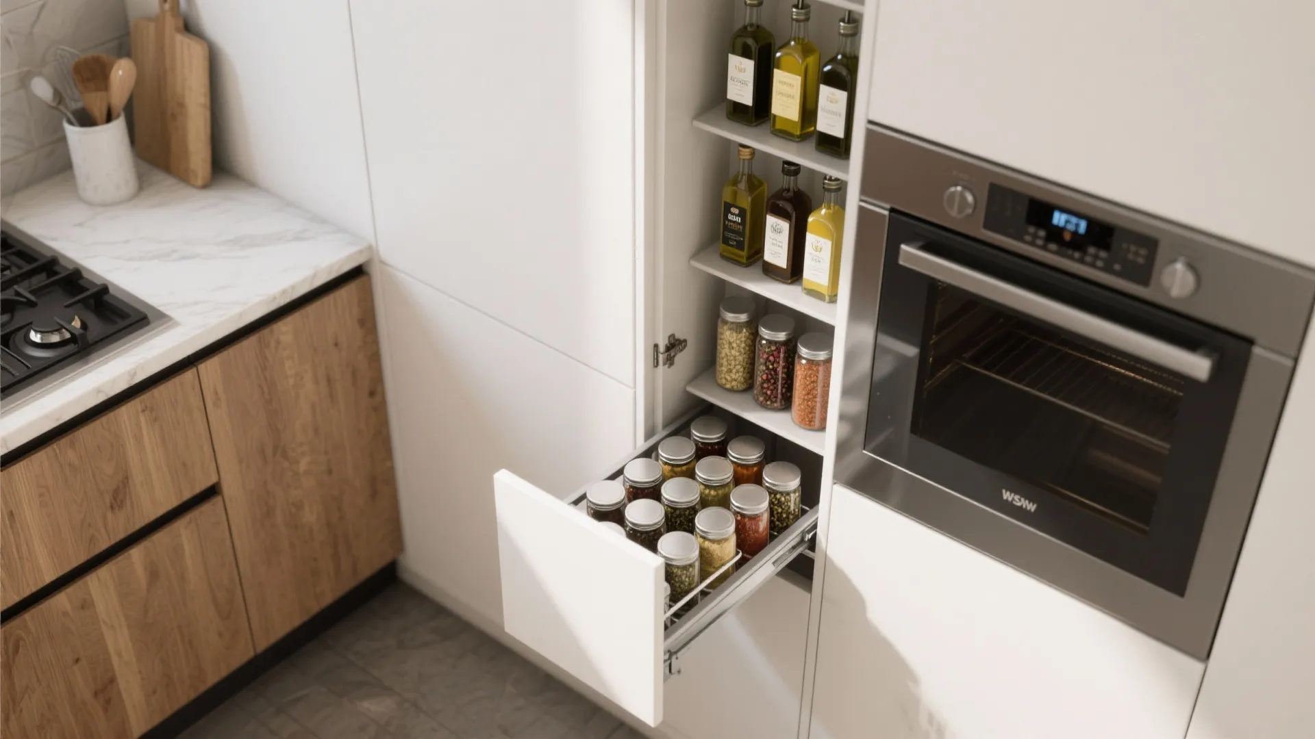 4. Slim vertical displays and pull-out spice towers