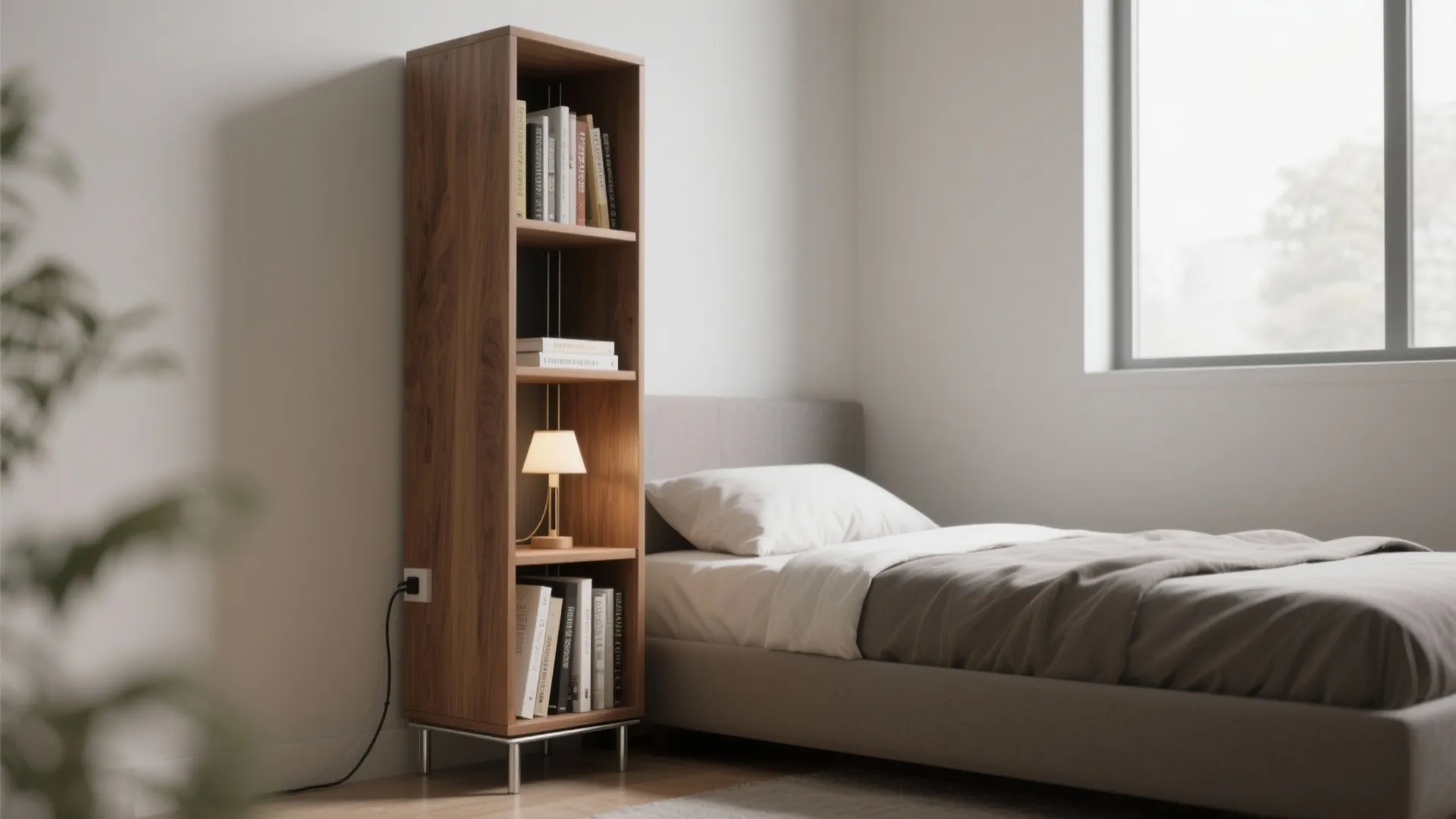Slim wooden book shelf with small light fixture next to a bed in modern bedroom
