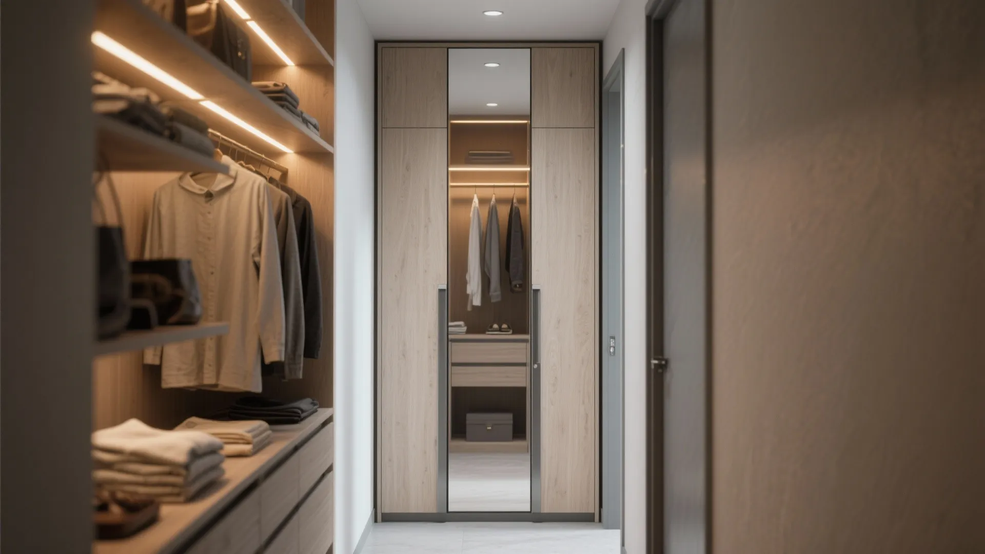 Modern walk in closet with wood storage shelves light fixtures hanging clothes and a tall mirror