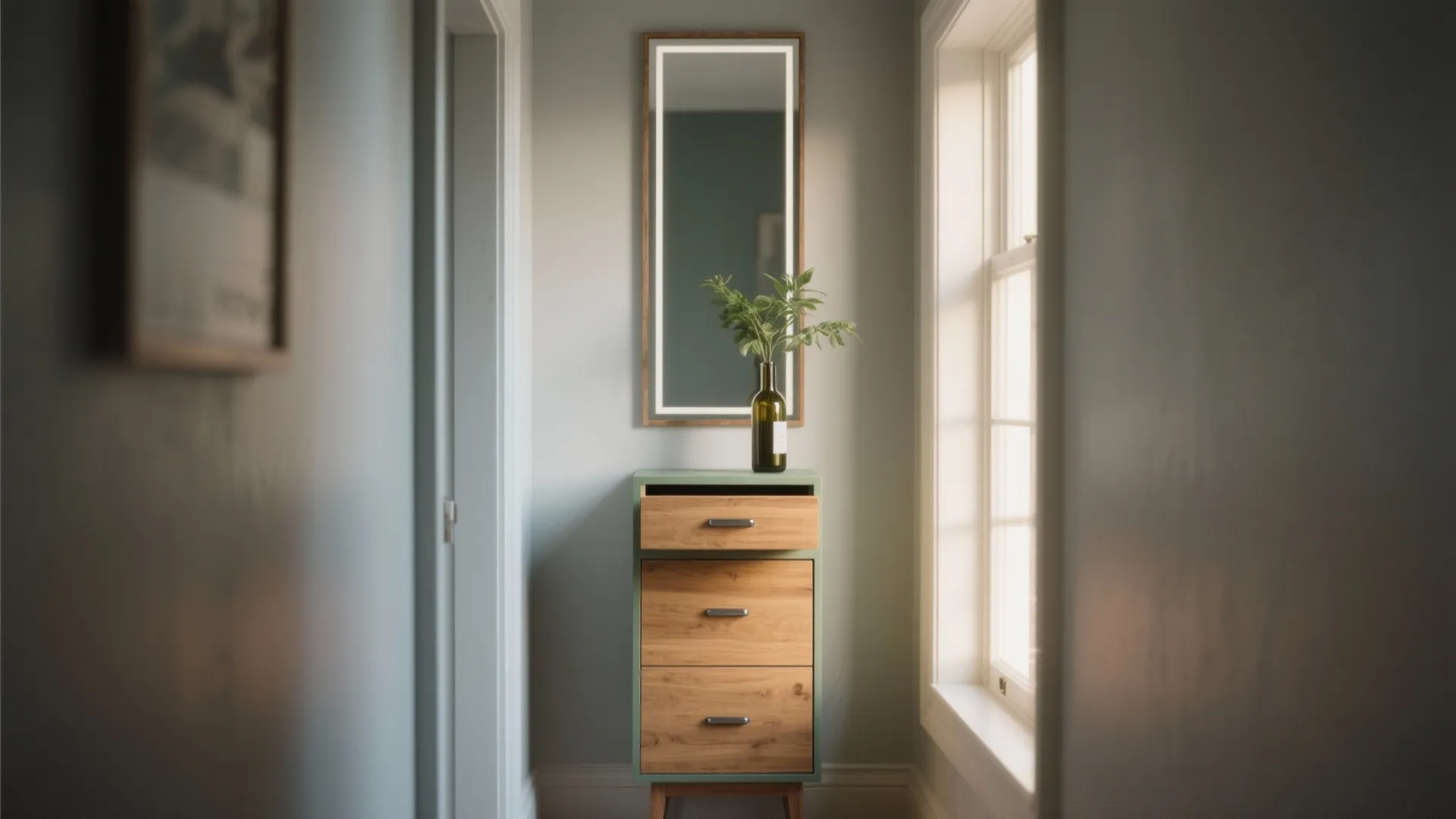 2. Slim vertical vanity with integrated mirror