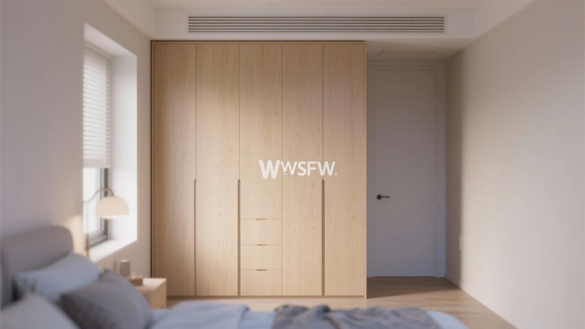 Modern wooden cabinet in a bedroom with white walls and a large window with blinds