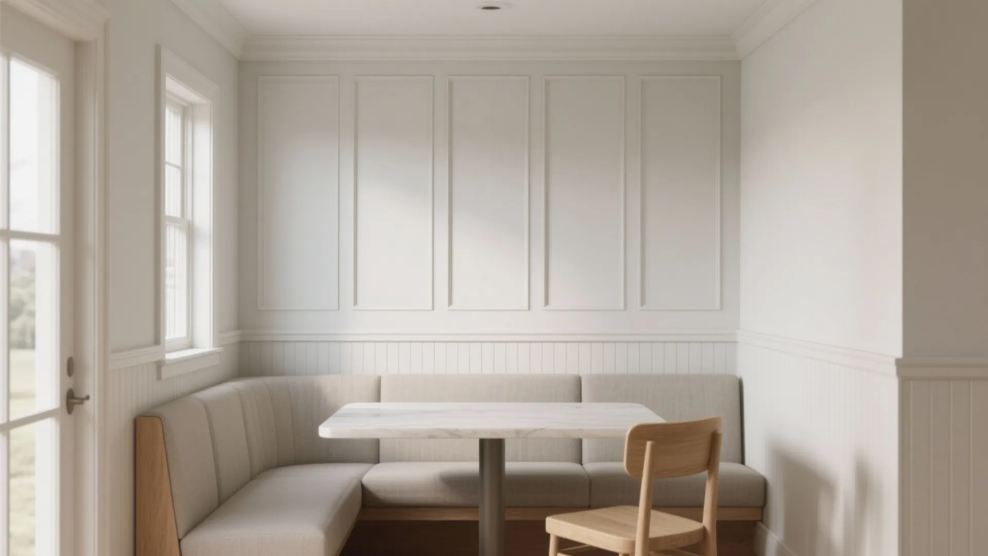 Slim wainscoting at 36–42 inches for balance