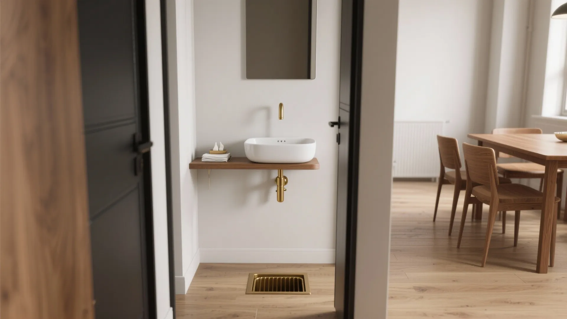 Small white wall sink with gold faucet on wood shelf next to wooden dining table