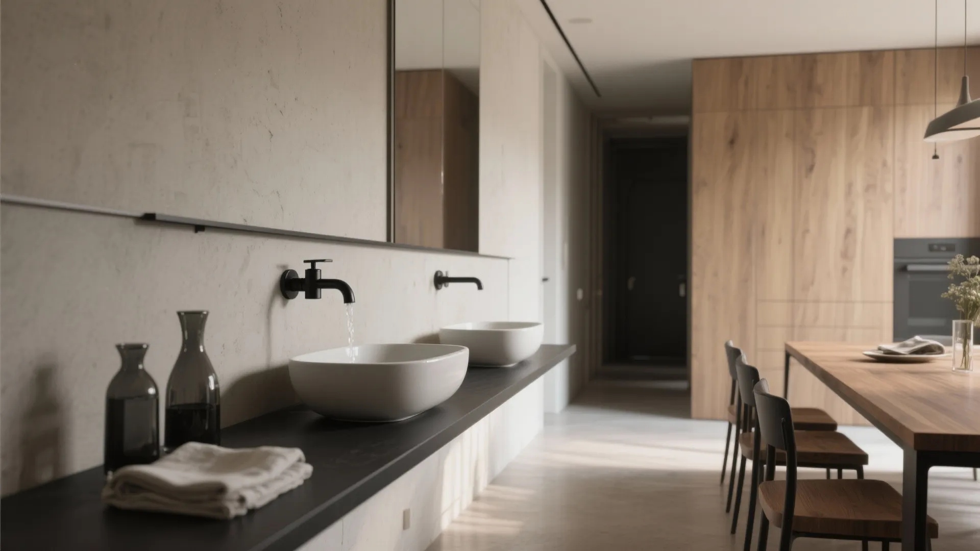 1) Slim Wall-Mounted Basin by the Dining Console