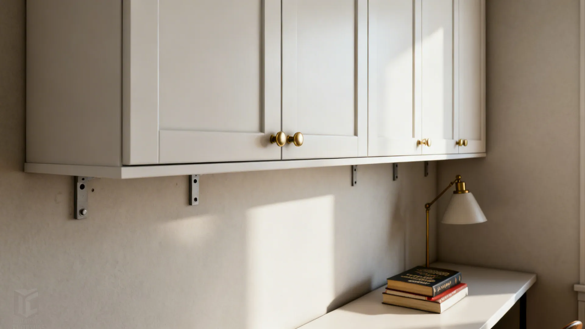 Slim wall cabinets mounted above a narrow desk to free floor space and keep clutter off the floor