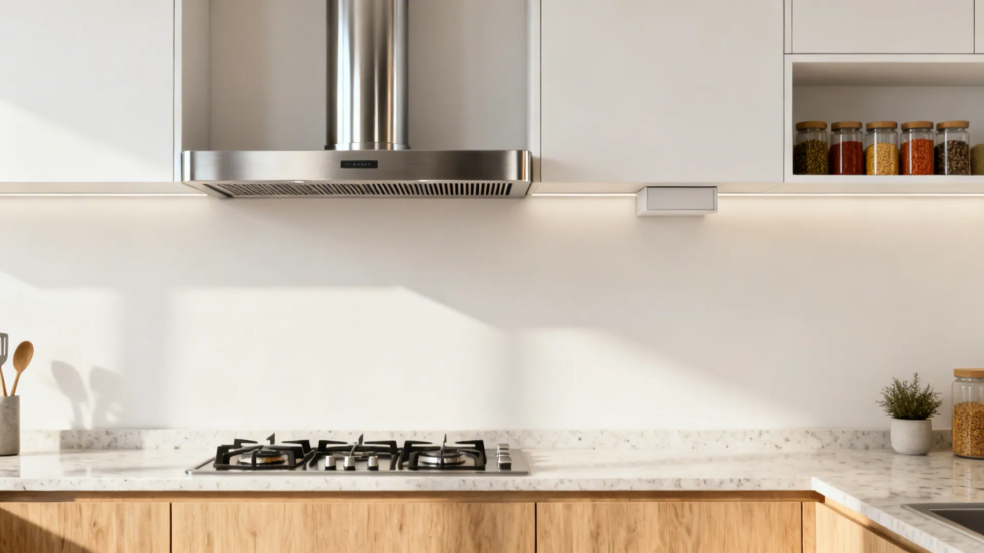 Slim wall-mounted stainless-steel chimney aligned with modular cabinets above a compact gas hob.