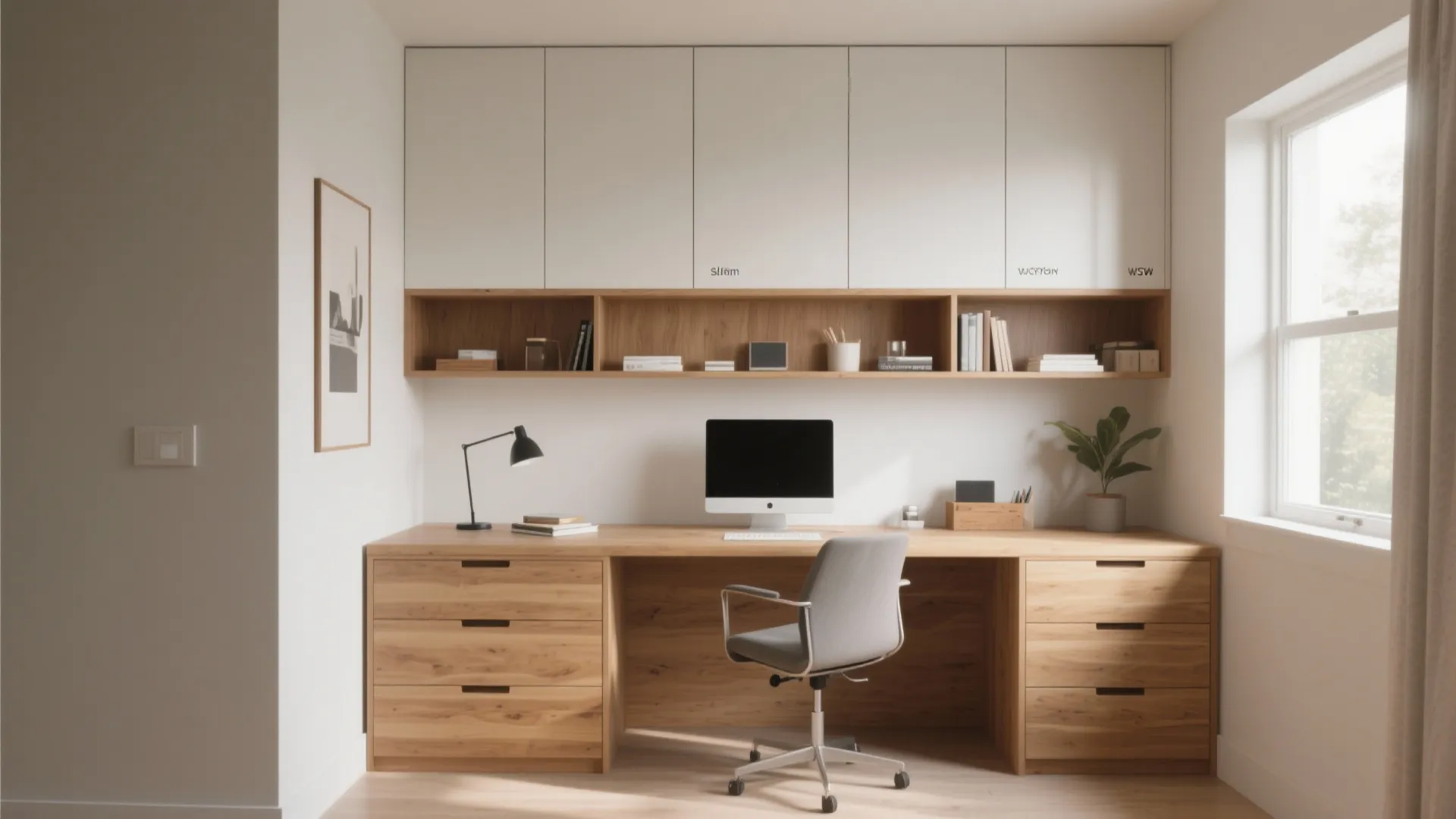 Modern home office with wooden desk and white wall cabinet featuring a computer and chair