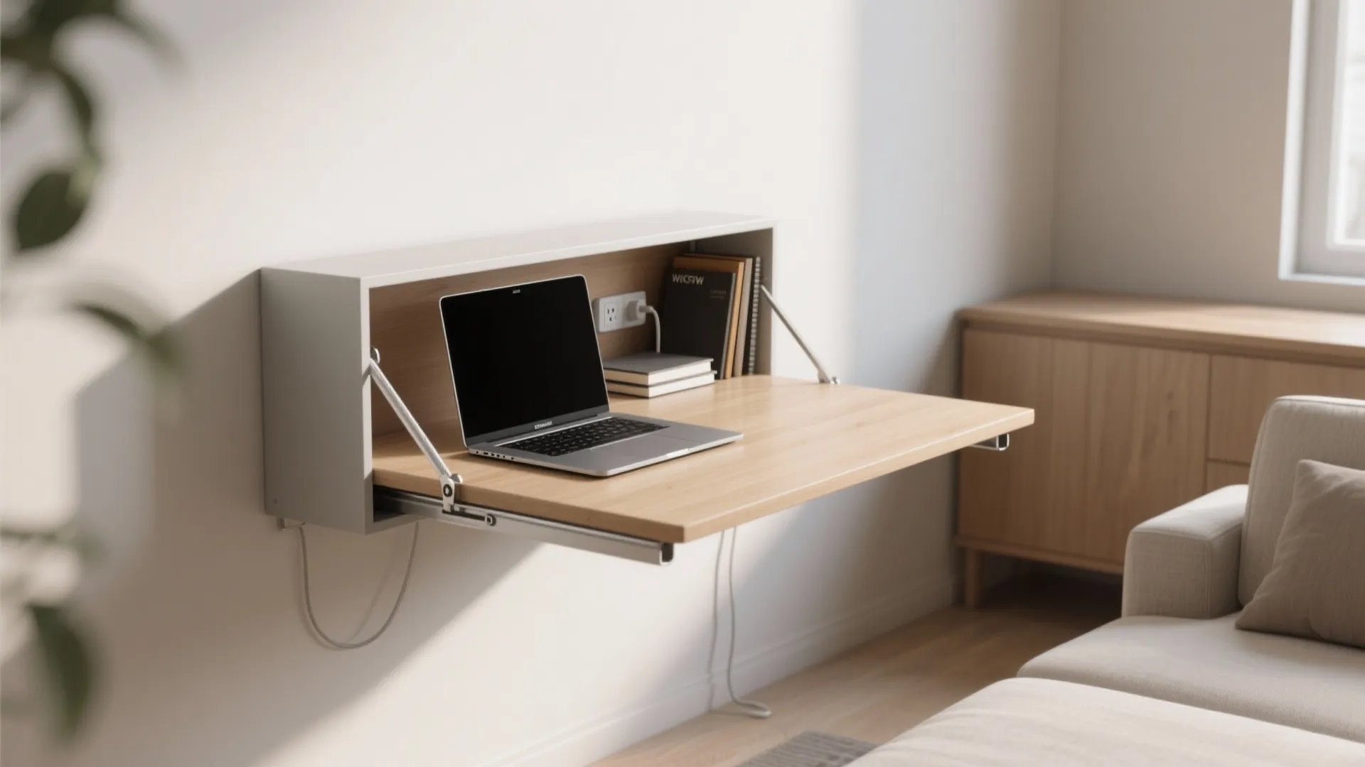 1. Slim wall‑mounted desk with hidden cubby