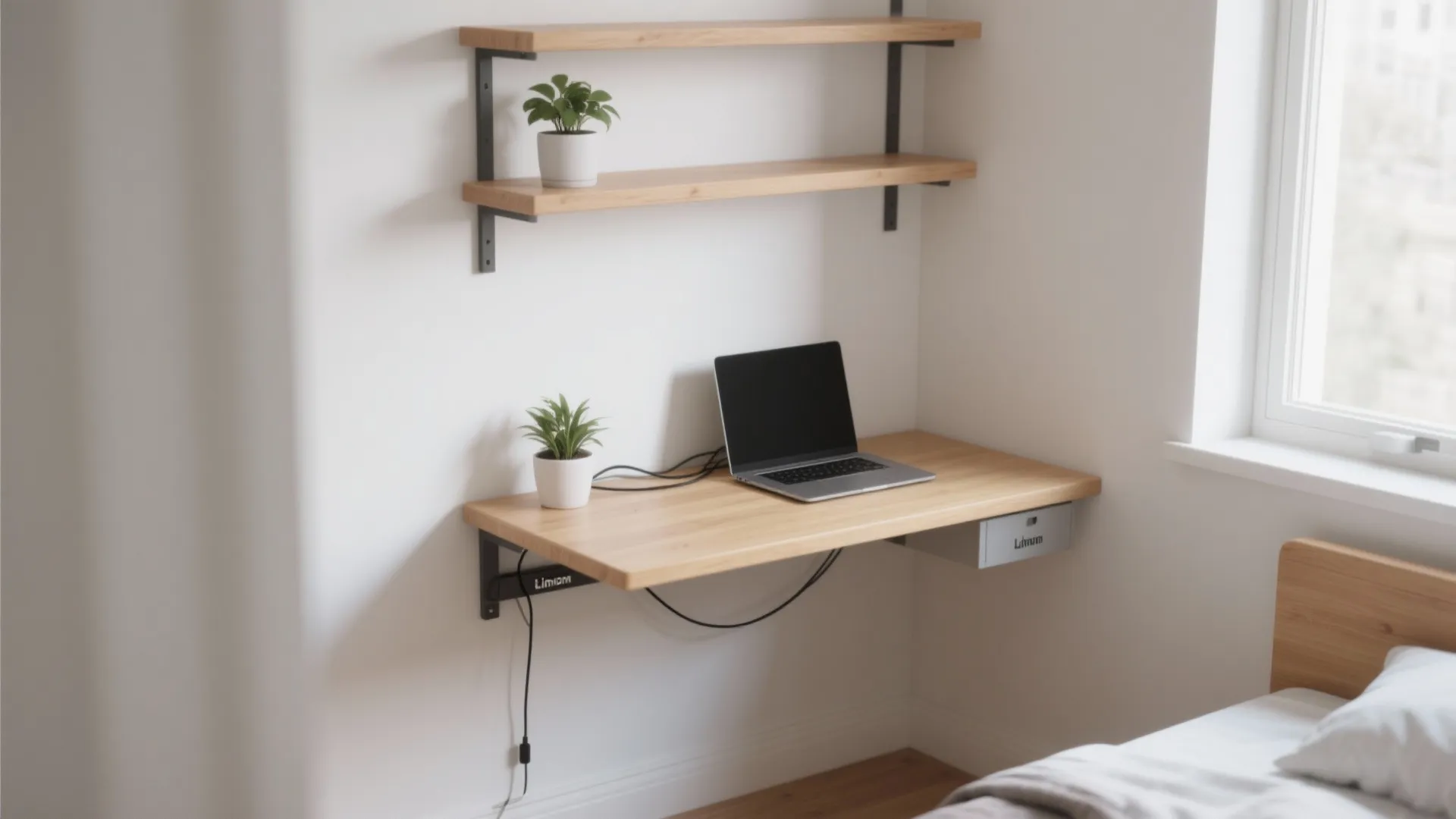 1. Slim wall desk + floating shelves