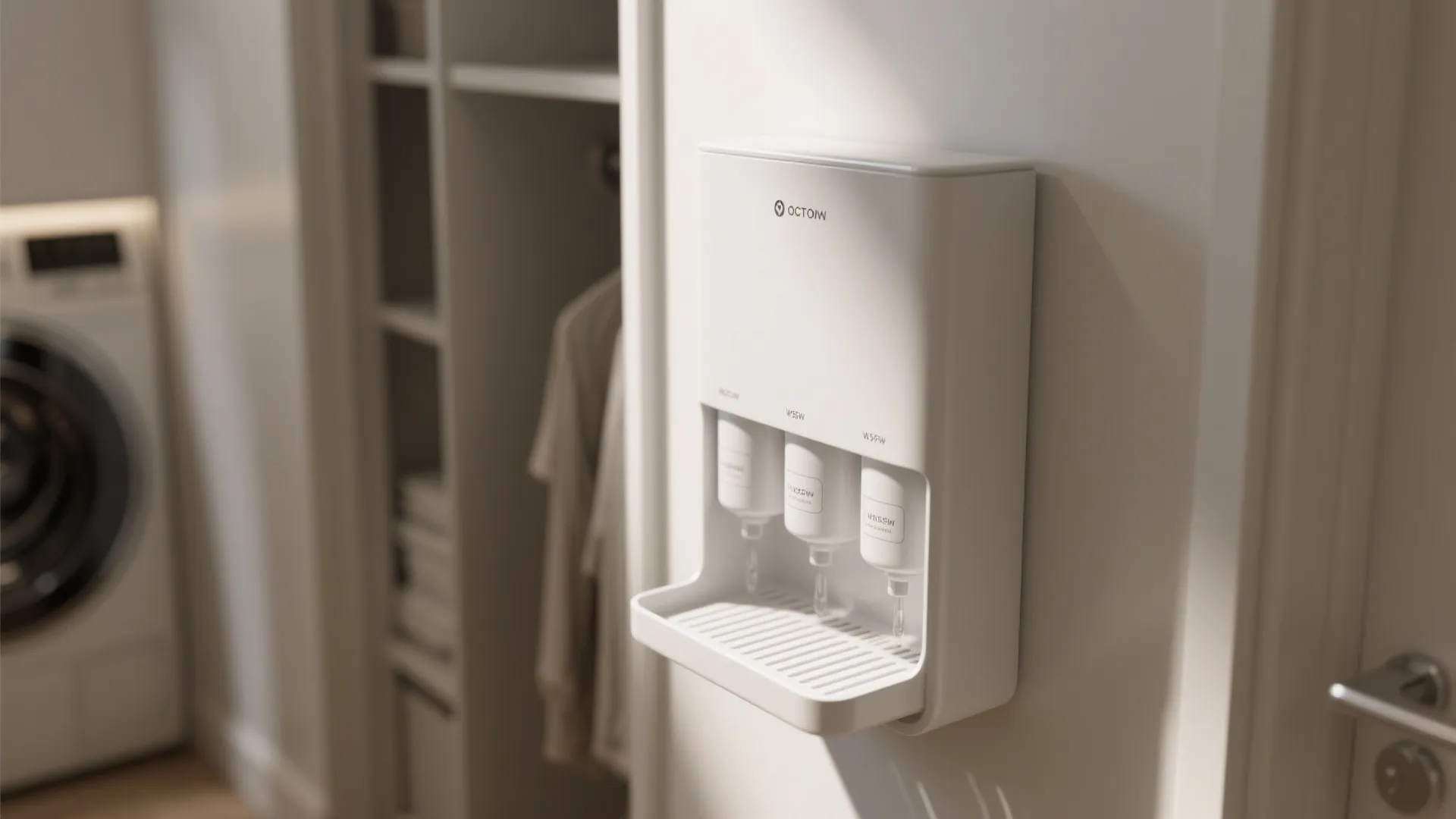 Close-up of a slim wall-mounted refillable detergent dispenser with drip tray in a narrow laundry closet.