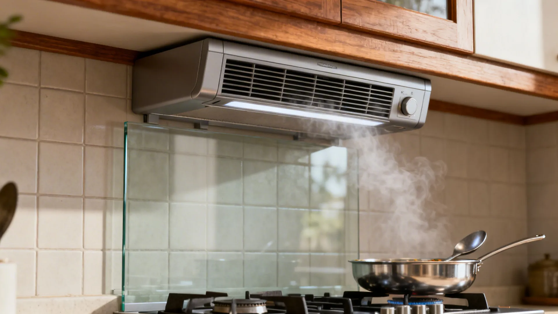 Slim wall-mounted exhaust near the cooktop