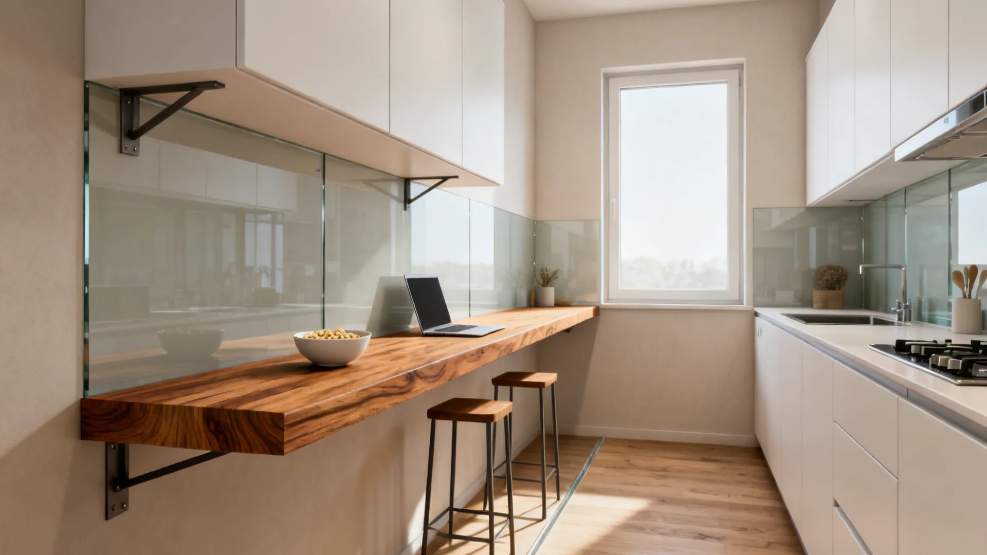 Slim oak wall-mounted breakfast ledge in a compact galley kitchen with clear circulation.