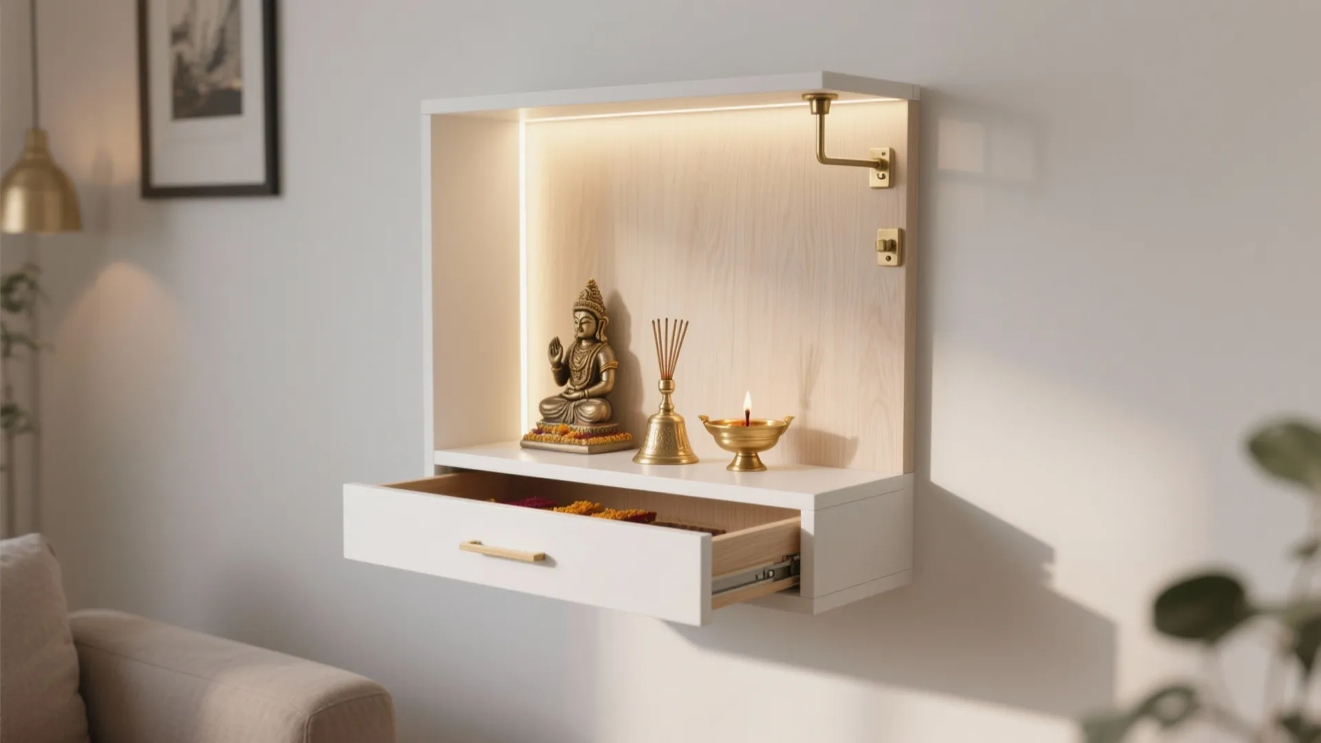 1) Slim Wall-Mounted Mandir With Hidden Storage