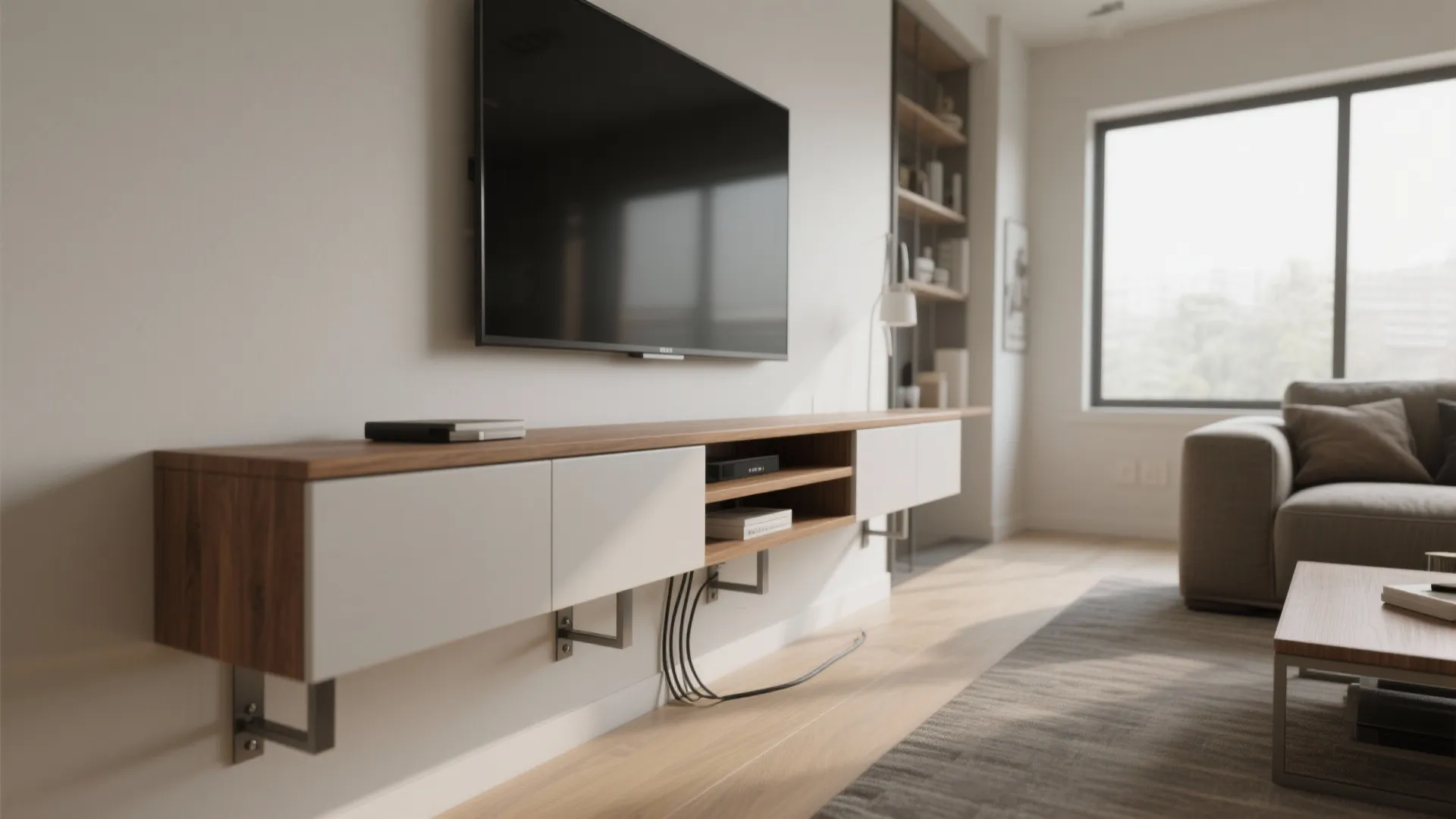 Slim wall-mounted media unit with hidden storage