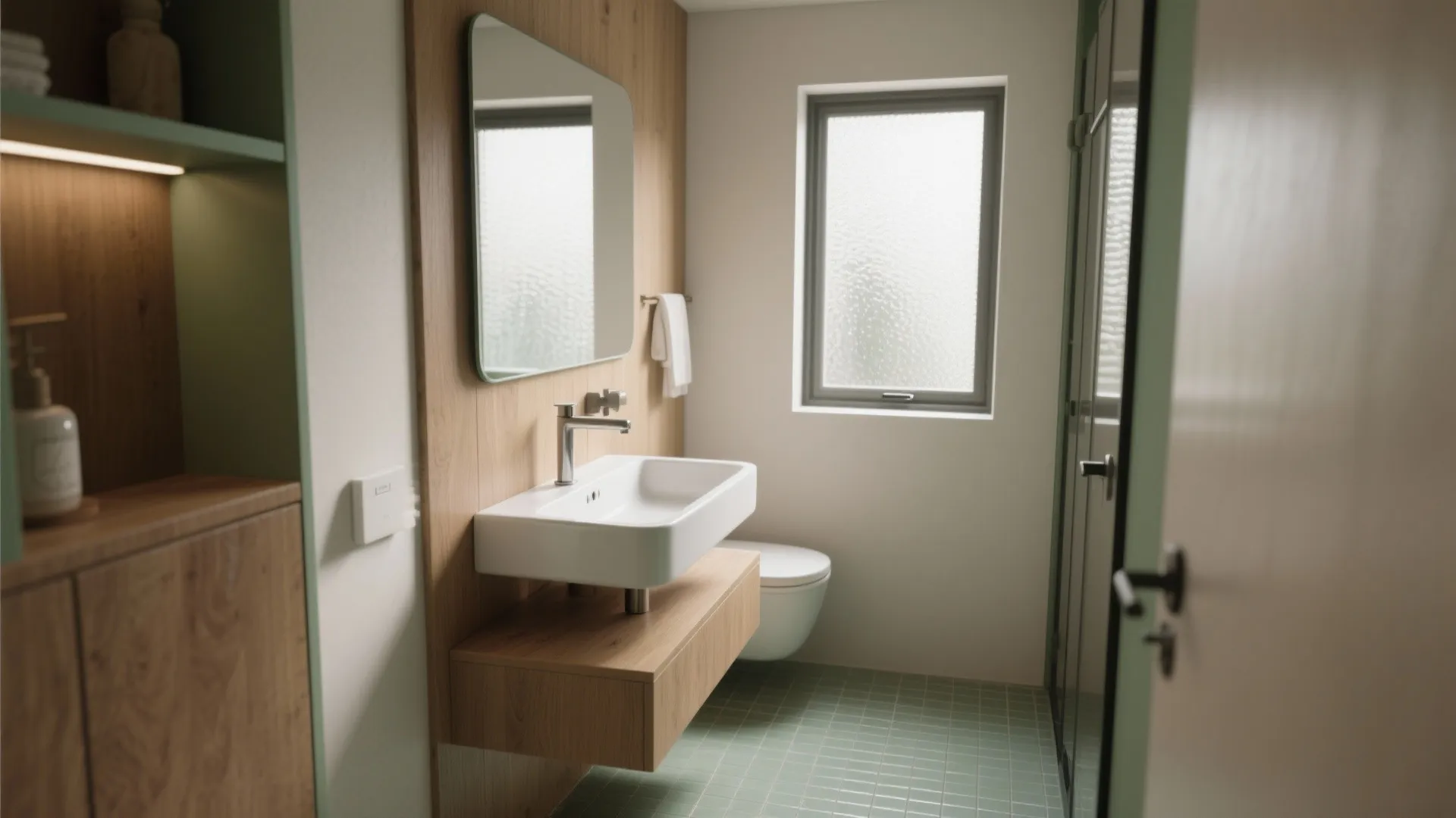 Small bathroom with white sink on wood cabinet light green floor tiles and small window
