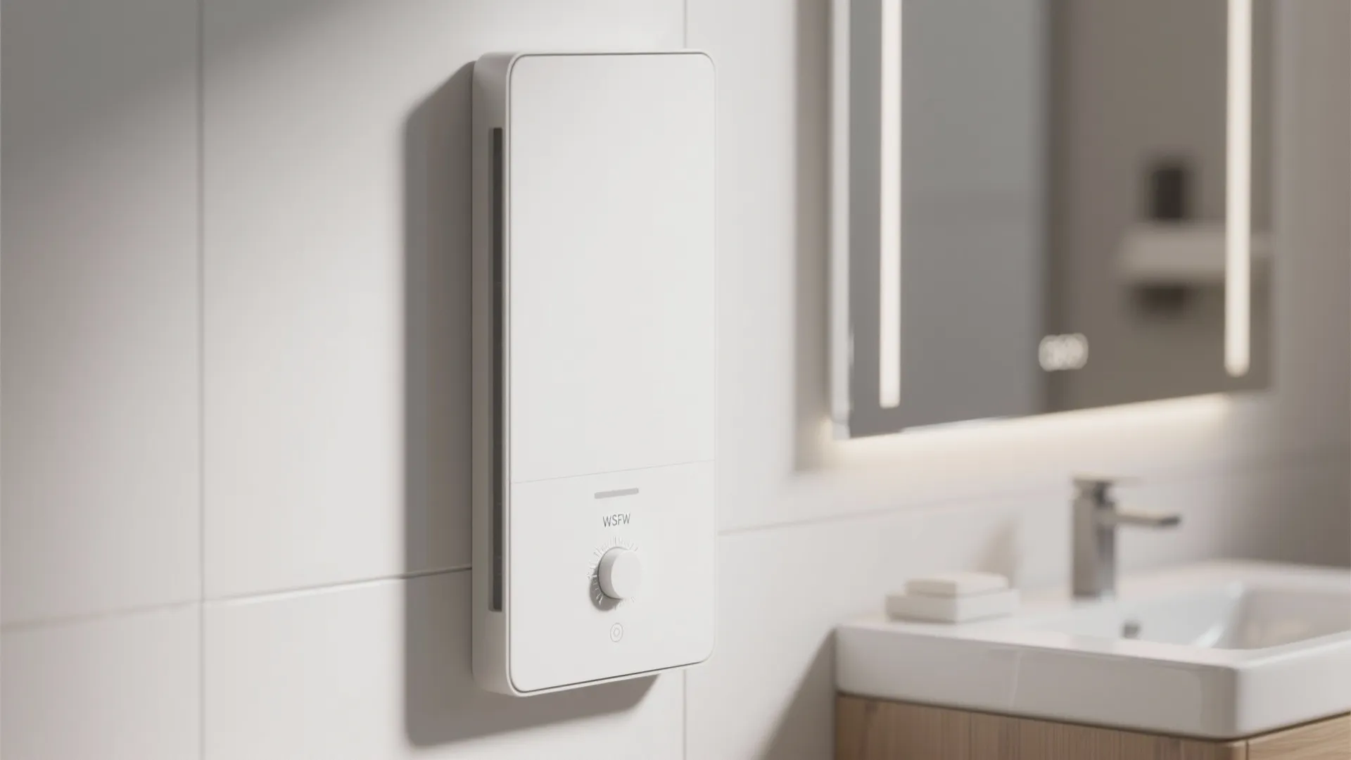 White slim wall panel heater with control knob mounted on a bathroom tile wall surface