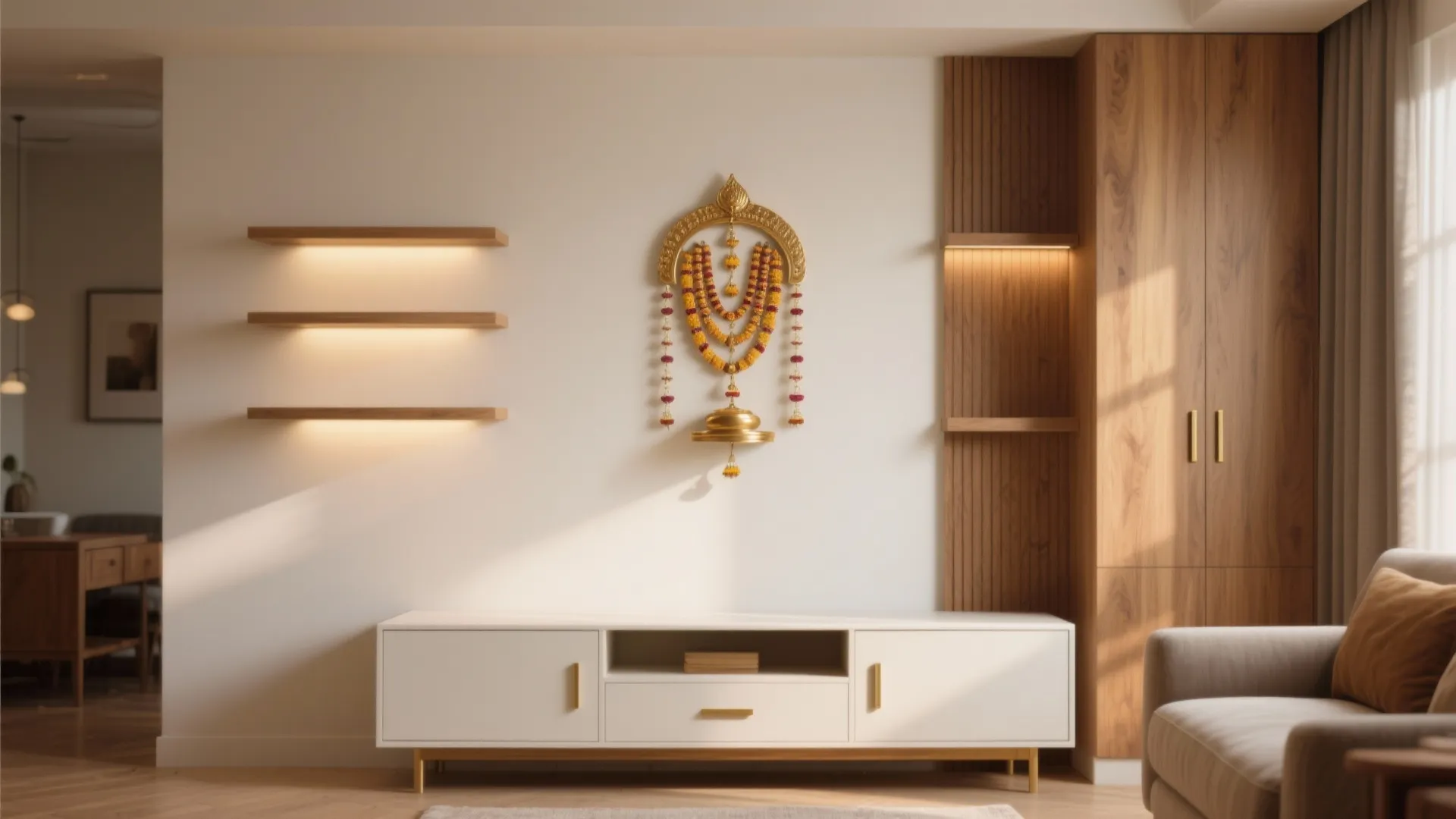 1) Slim Wall-Mounted Pooja Rack With Concealed Storage