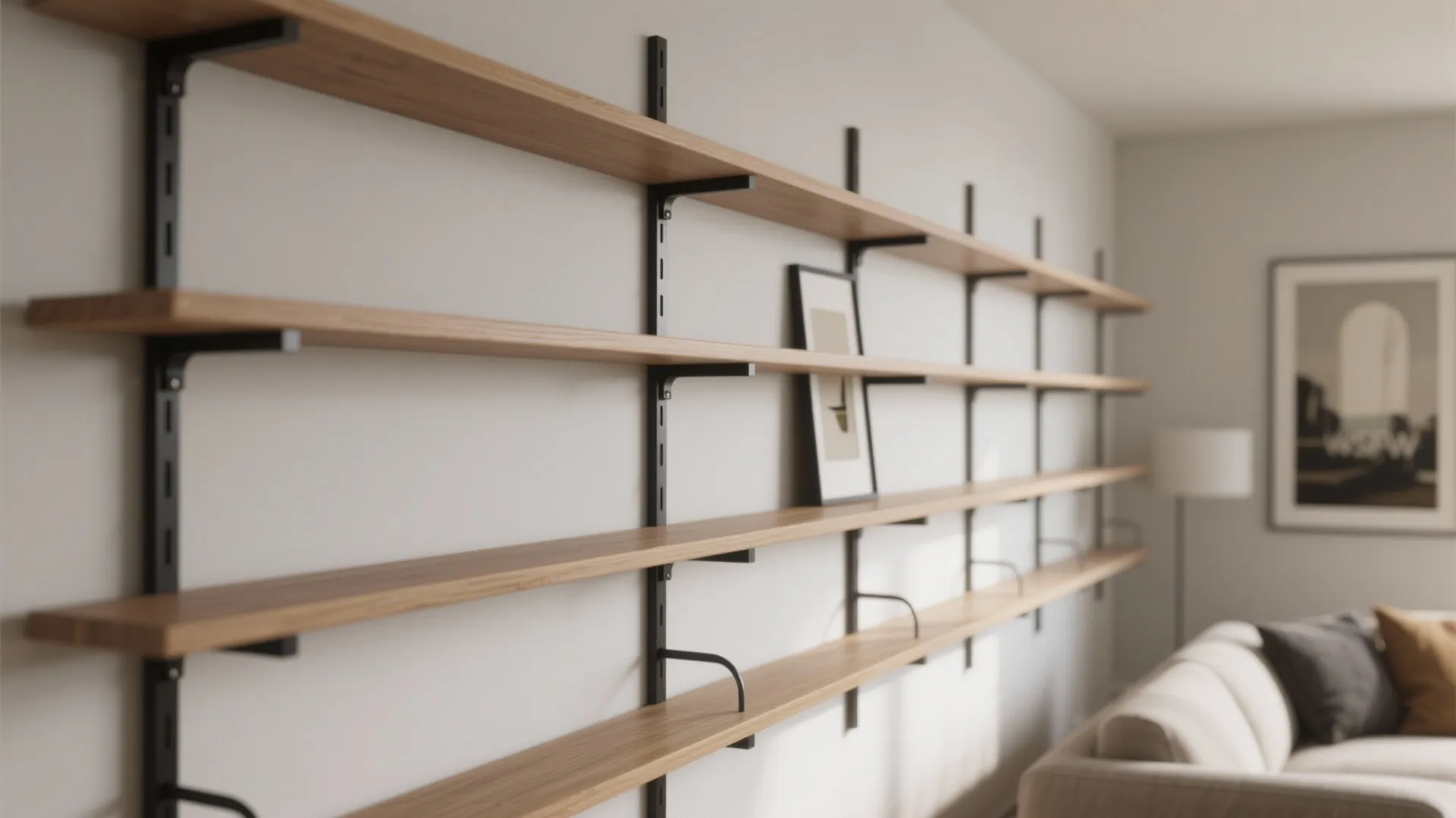 Minimalist wooden wall shelves with black metal brackets installed in a modern bright living room