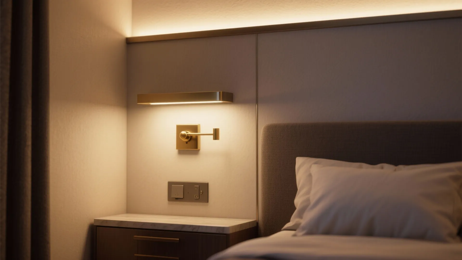 Modern bedroom with slim gold wall light fixed above bedside table and comfortable grey headboard