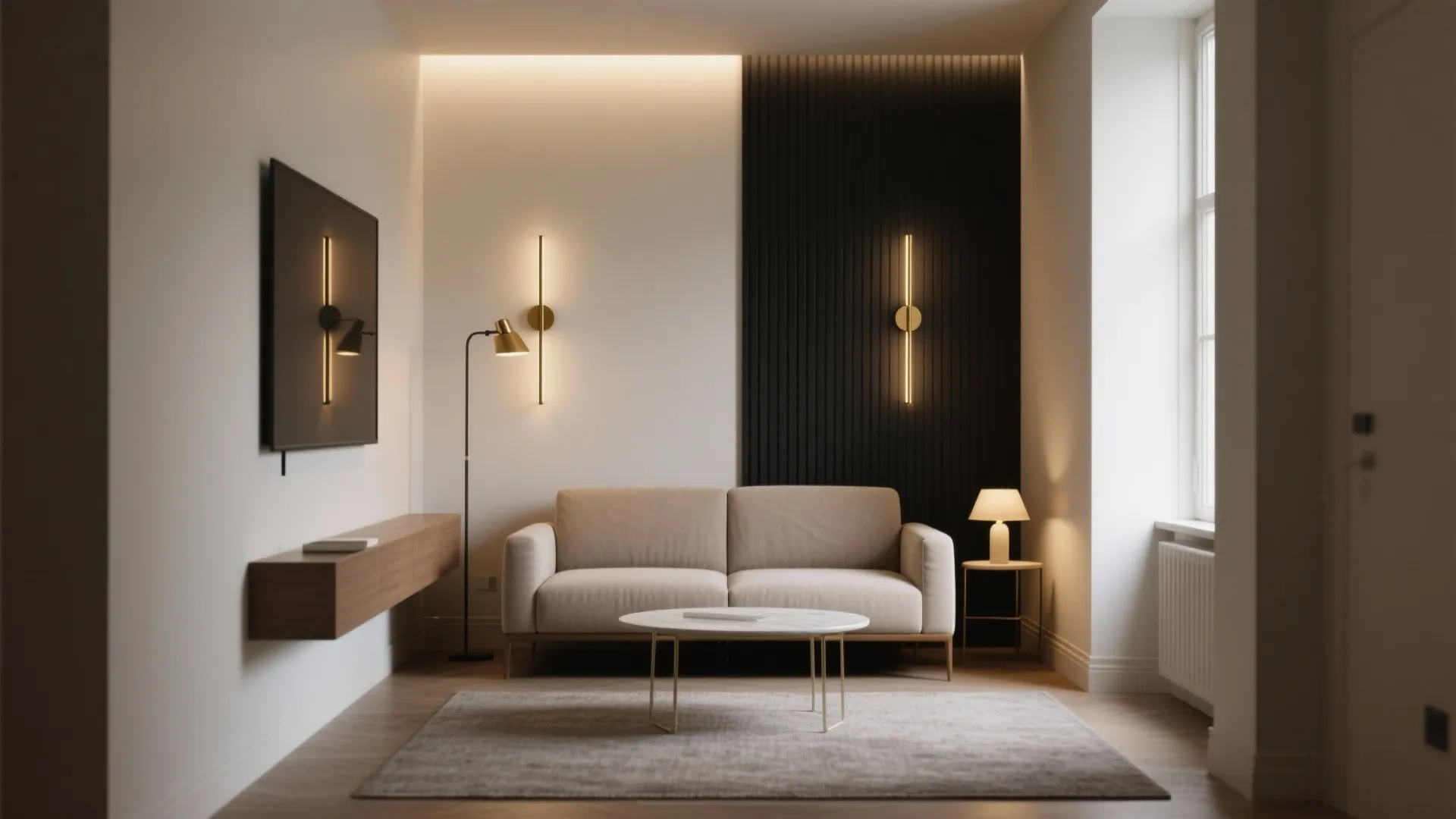 Modern living room featuring beige sofa marble coffee table and slim gold wall light fixtures