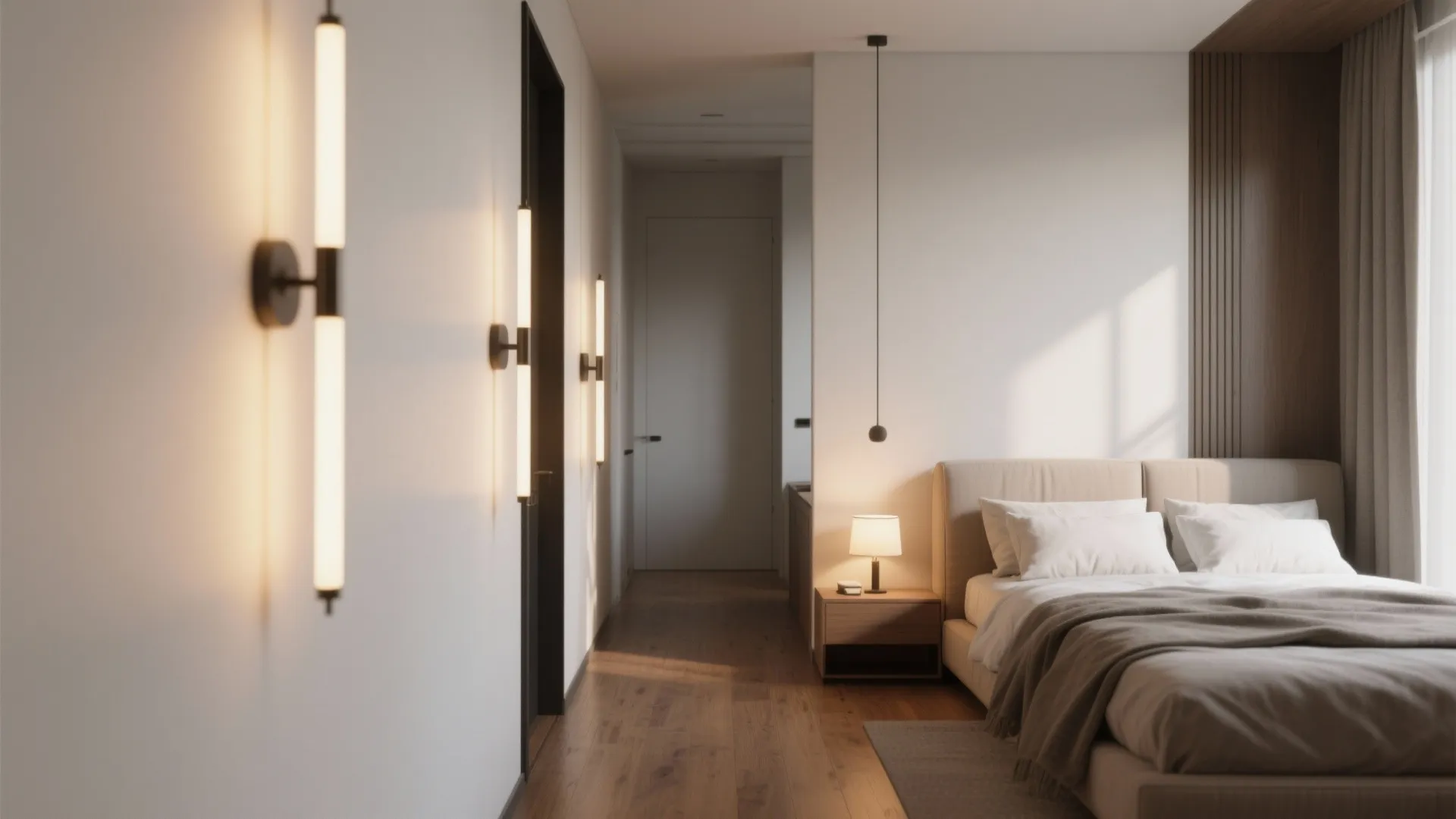 Modern bedroom with long vertical wall lights wooden floor white bedding and a small table lamp