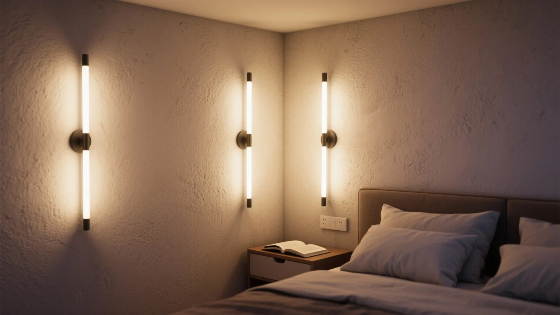 Minimalist bedroom corner featuring three vertical thin wall lights above a wooden nightstand and bed