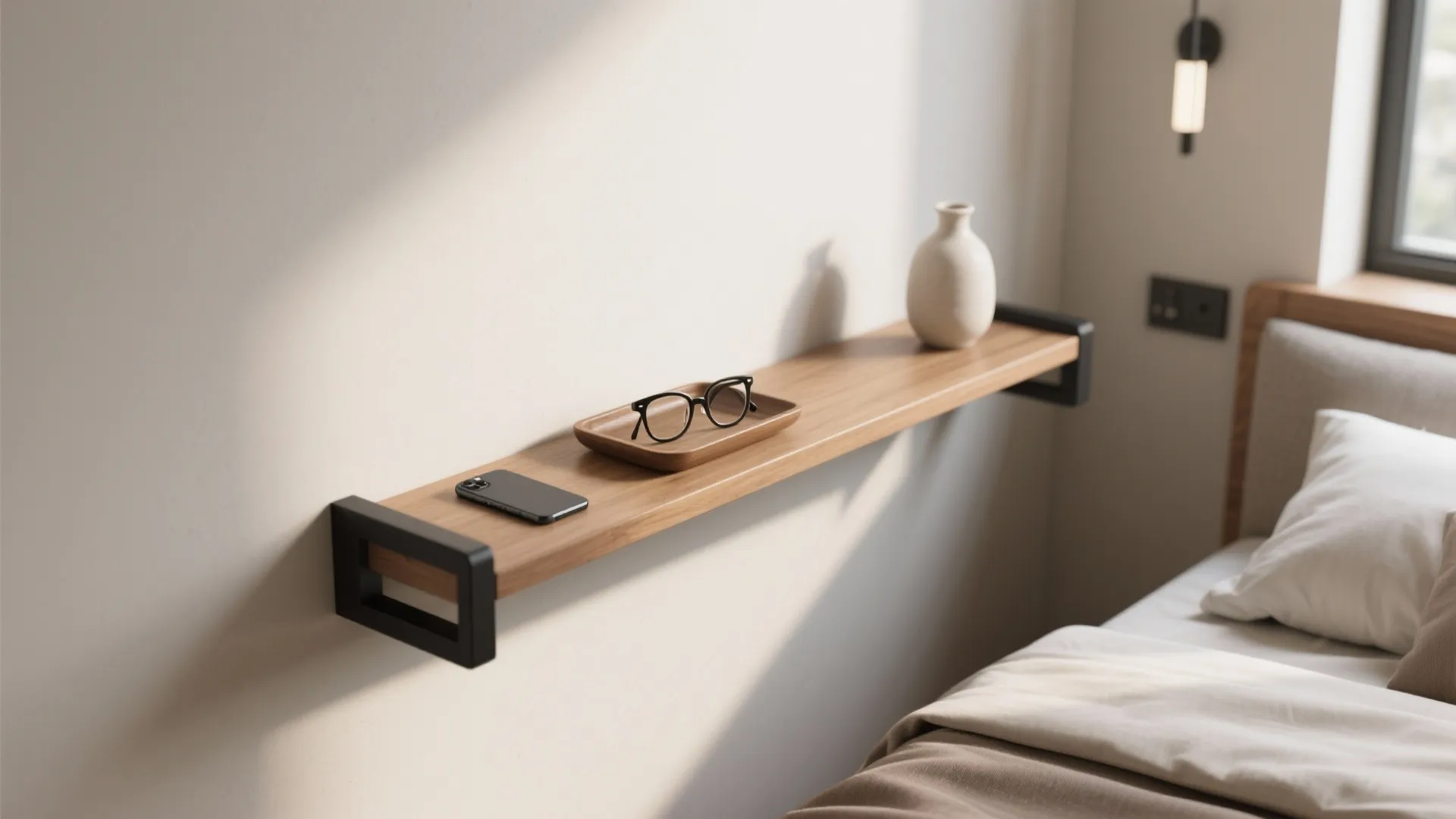 Slim wooden wall shelf above a bed holding glasses, a phone, and a white vase