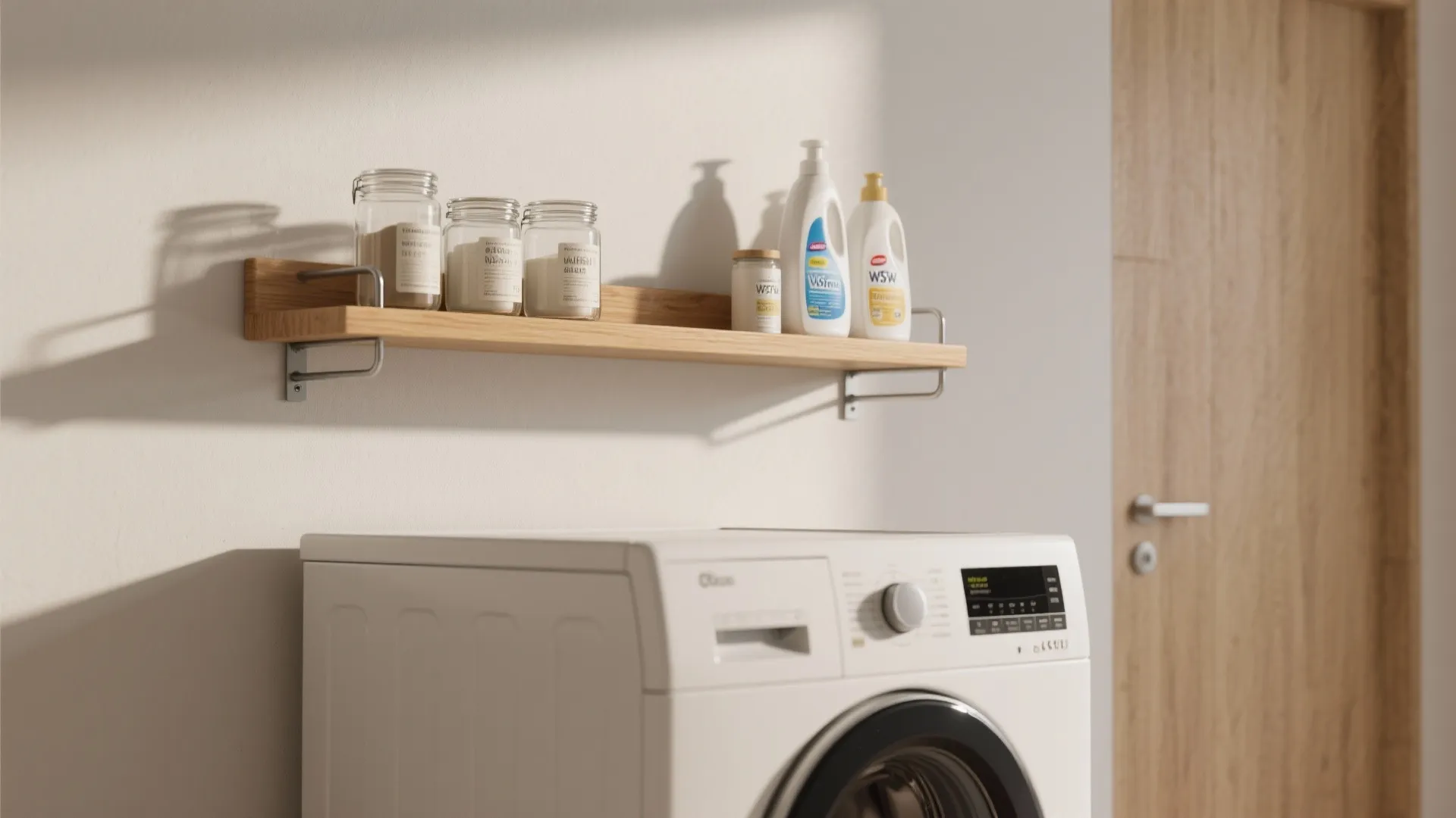 Wooden wall shelf above white washing machine holding detergent bottles and glass jars in bright room