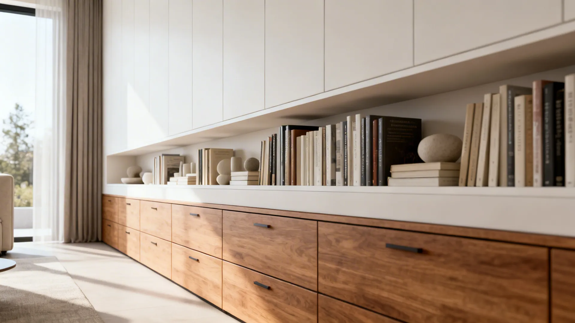 Narrow living room with slim wall-to-wall shallow shelves and bottom drawers in a modern finish.