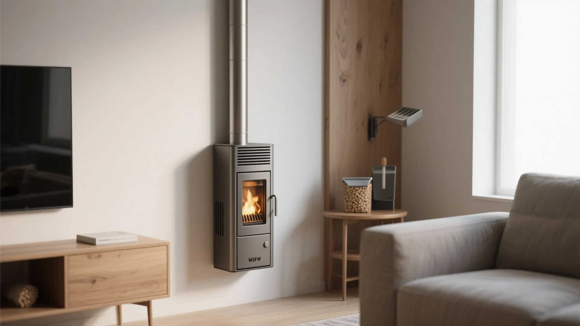 Modern wall mounted metal stove with fire burning inside living room next to grey sofa