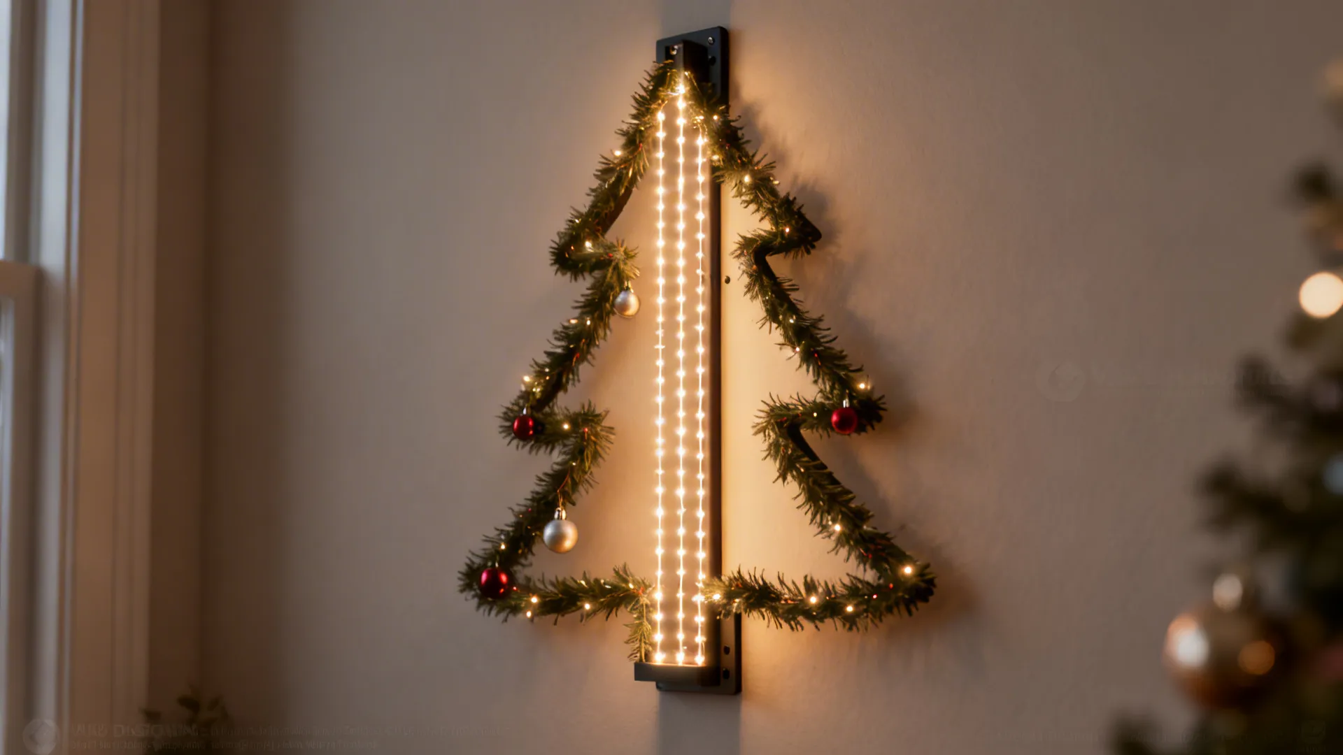 Close-up of a slim wall-mounted Christmas tree made of garland and vertical LED lights