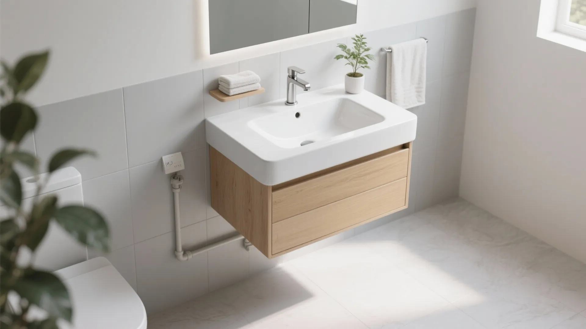 Modern bathroom cabinet with wood drawers white sink and towel on grey tiled wall background